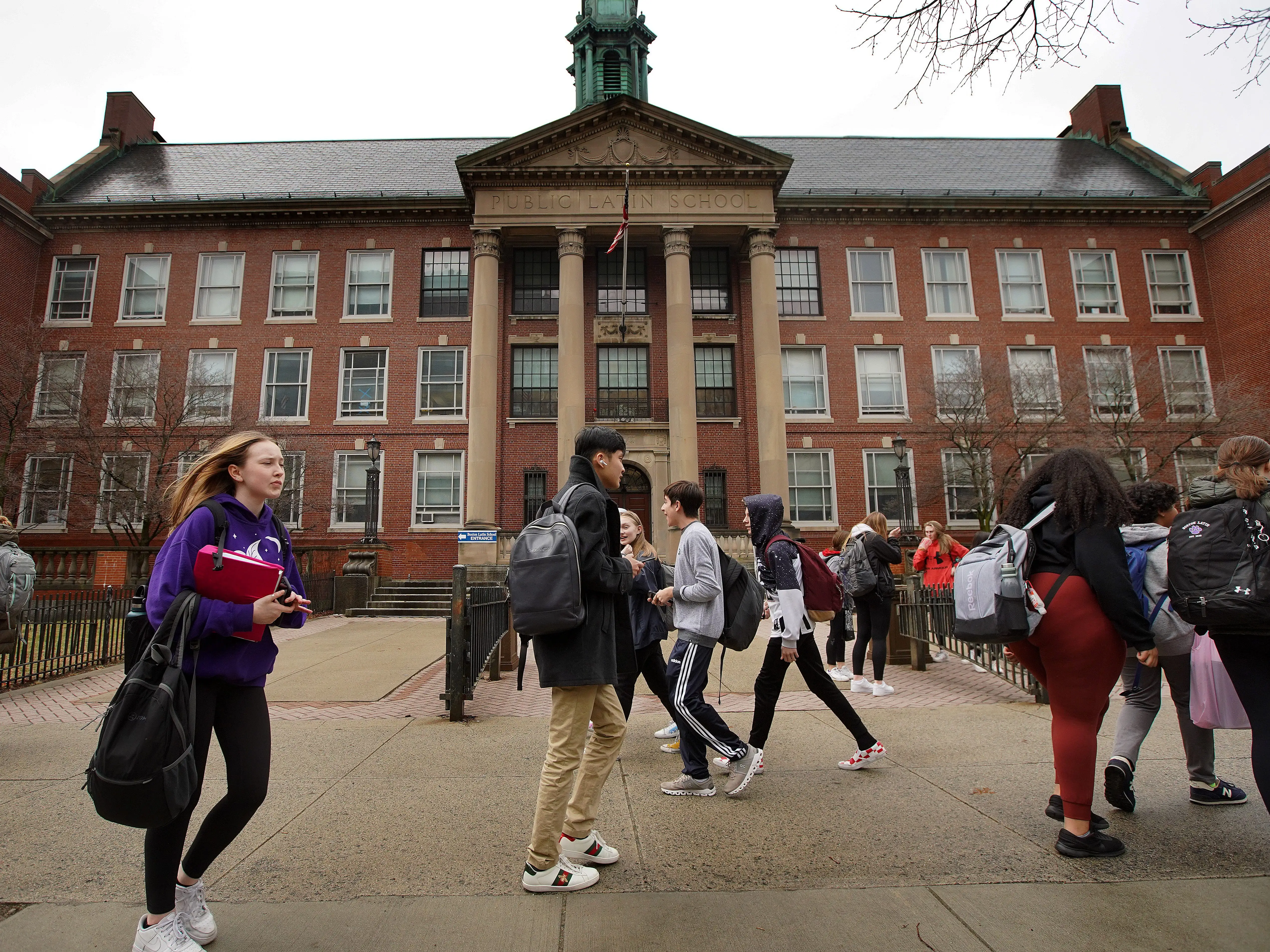Students outside of Boston Latin Academy in Boston, Massachusetts.
