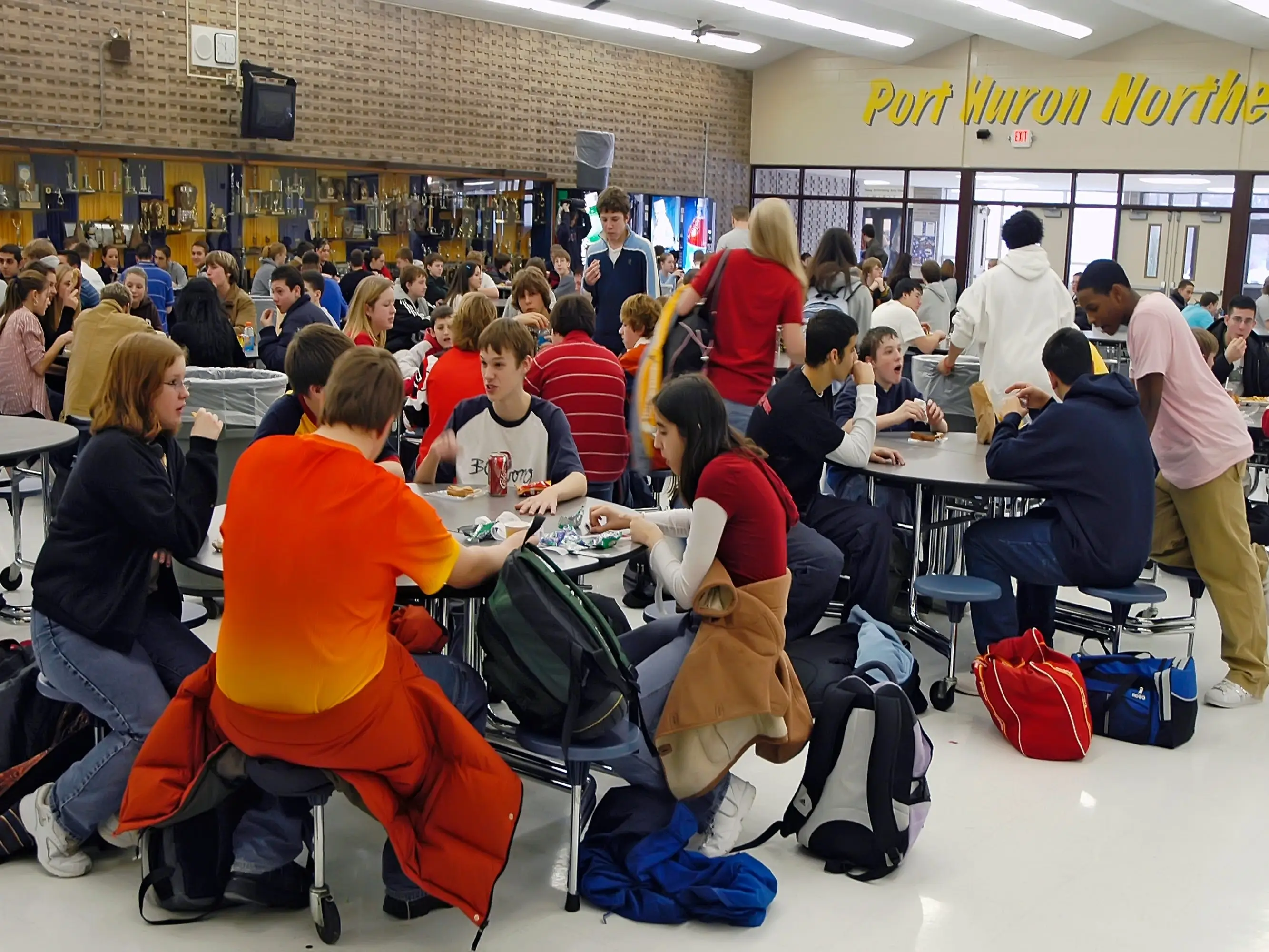 Students eating in cafeteria in Northern High School Port Huron, Michigan.