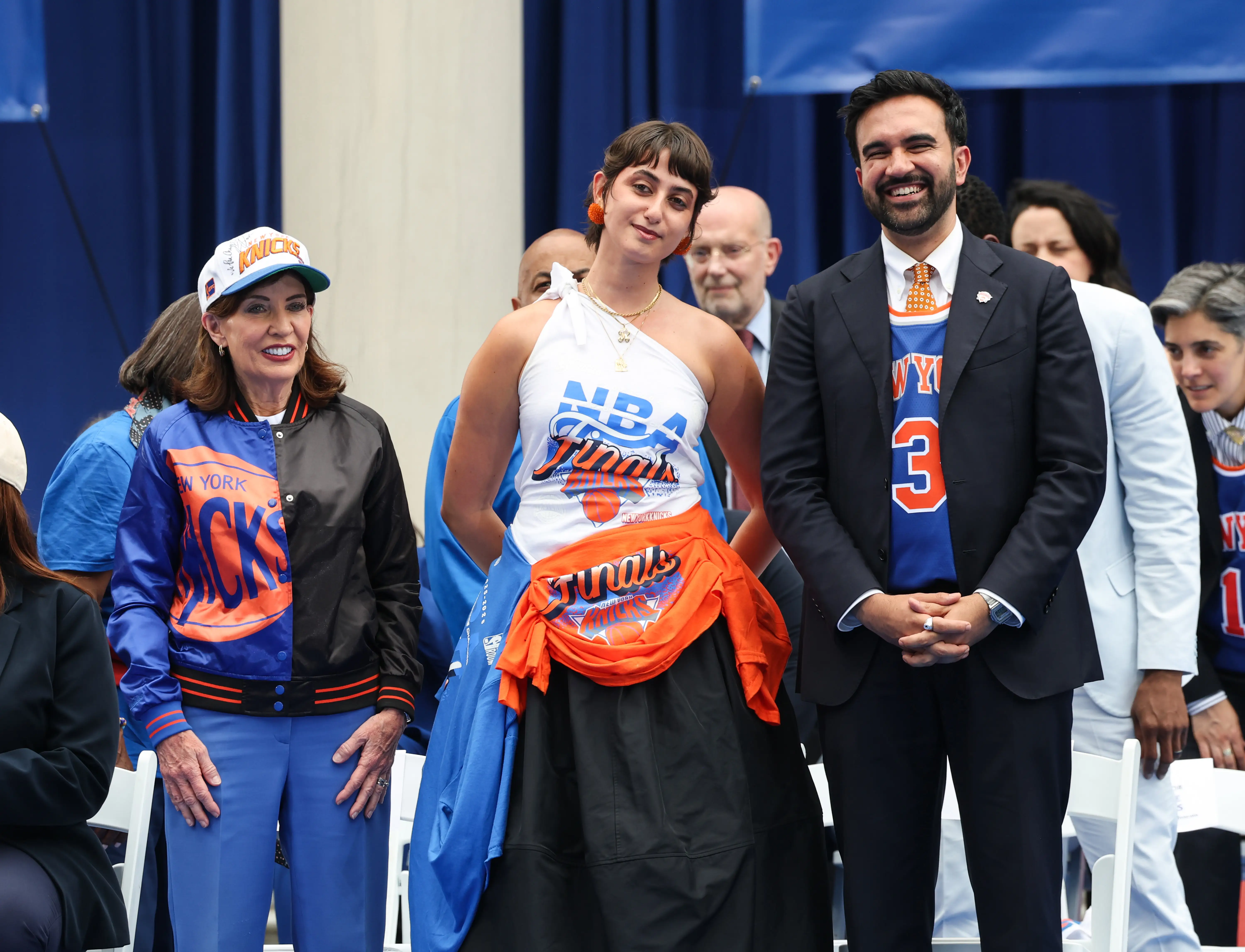 New York Governor Kathy Hochul, Rama Duwaji and New York City Mayor Zohran Mamdani during the New York Knicks Championship ticker tape parade and victory rally celebrating winning the 2026 NBA Finals on June 18, 2026 in New York City.
