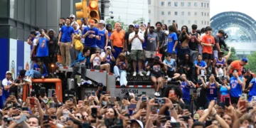 The Financial District turned orange and blue to celebrate the Knicks’ first NBA championship in 53 years