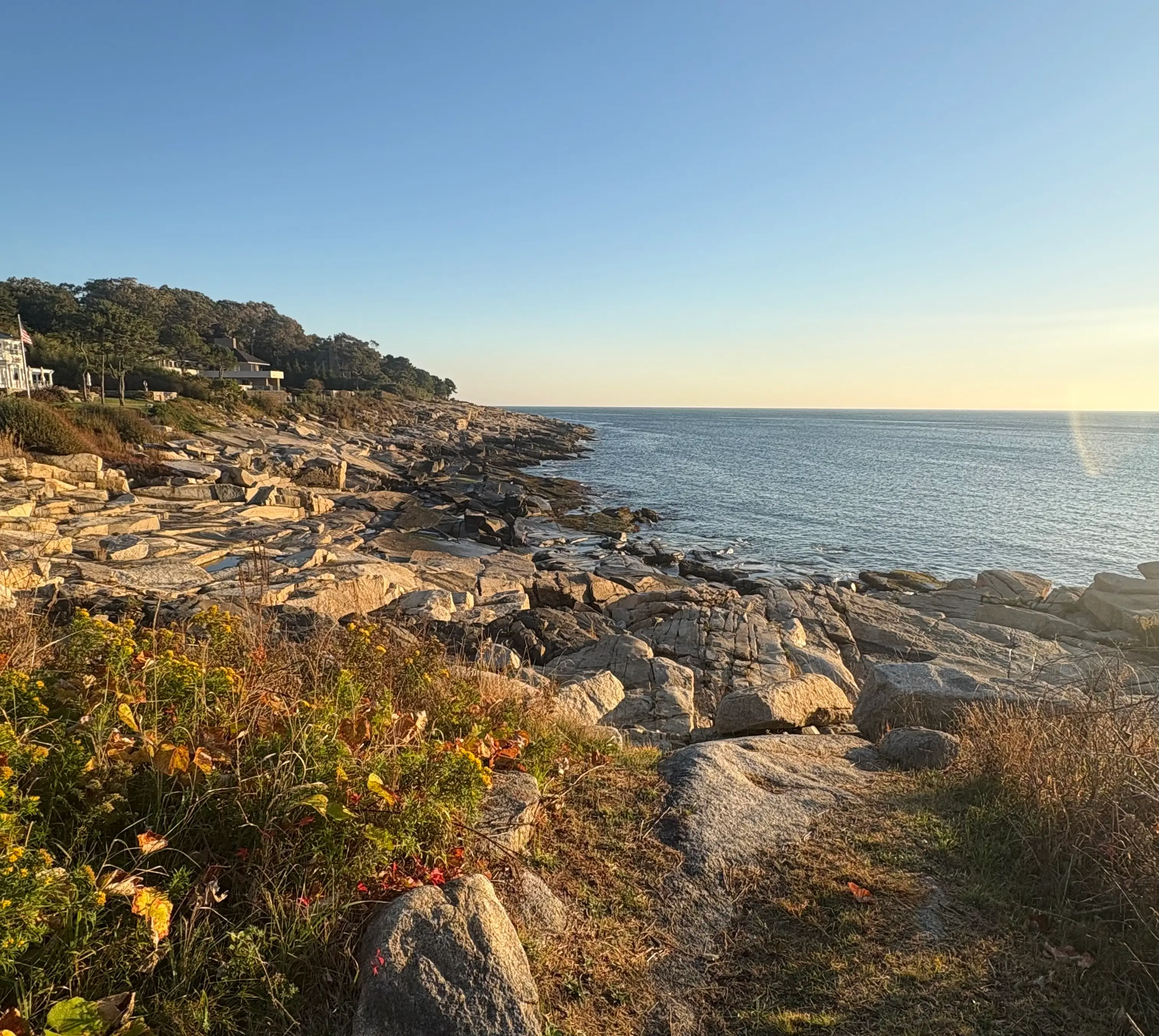 View of rocky beach coastline in Rockport, Massachusetts