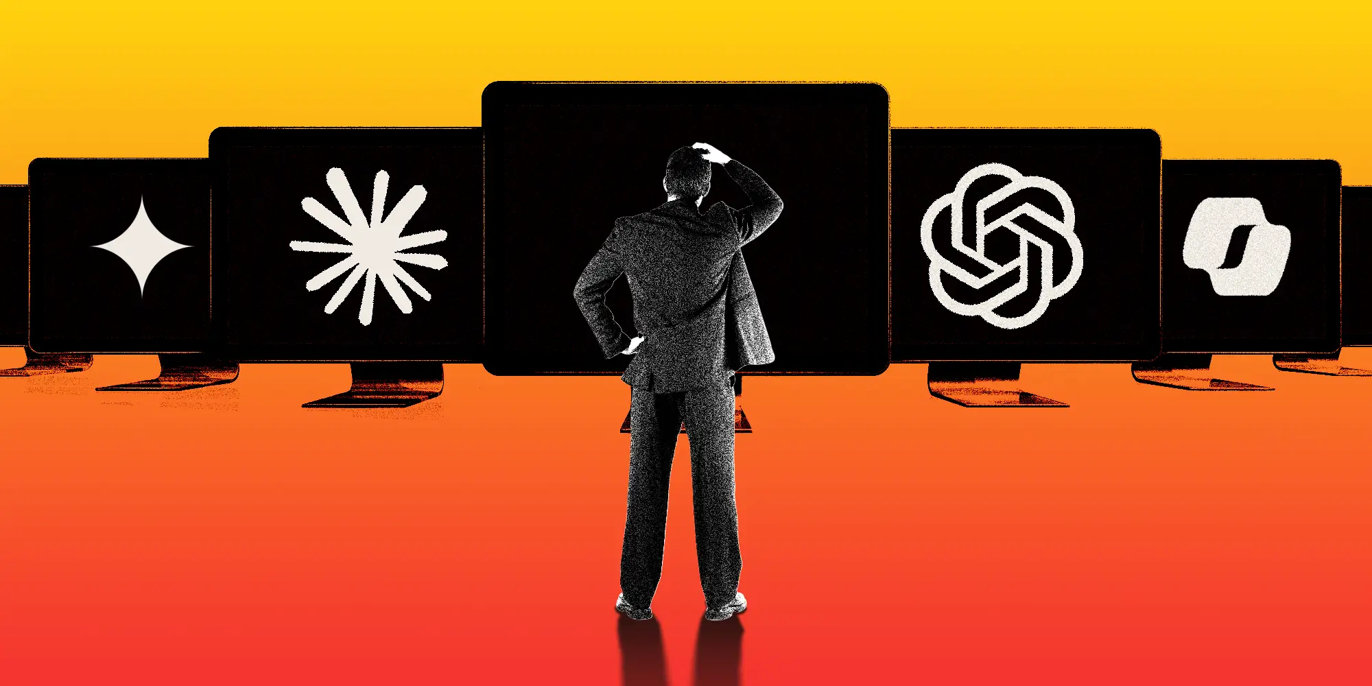 A man looking confused in front of a row of computers displaying AI company logos