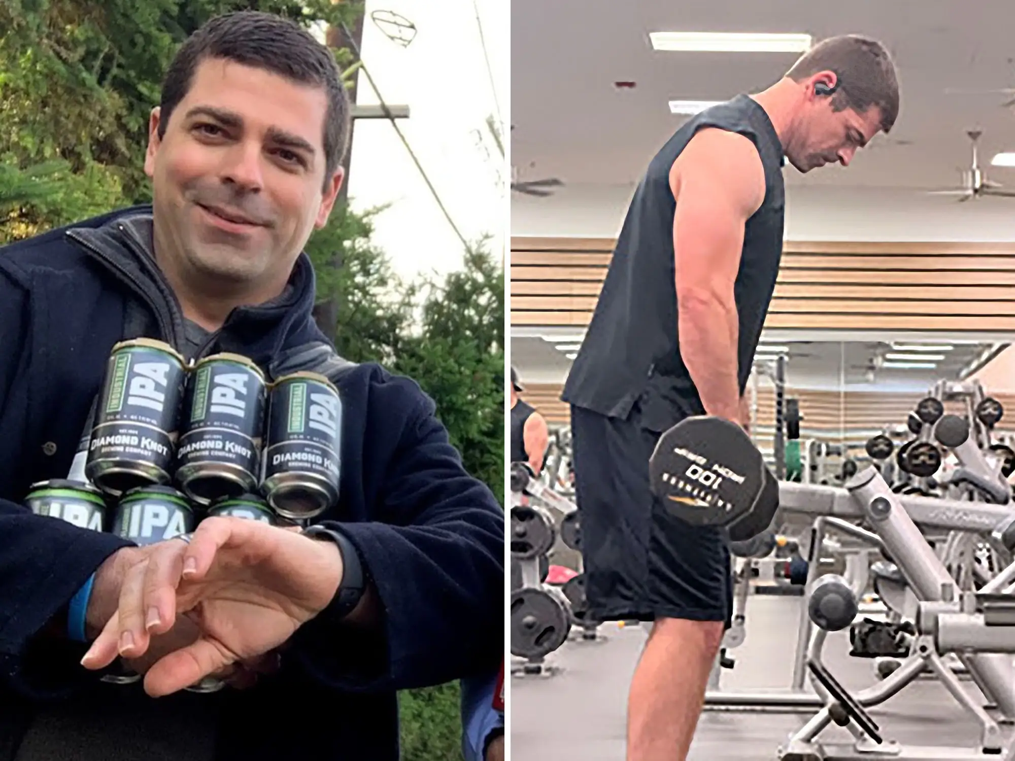 A split image of a man carrying beer and the same man lifting weights at a gym.