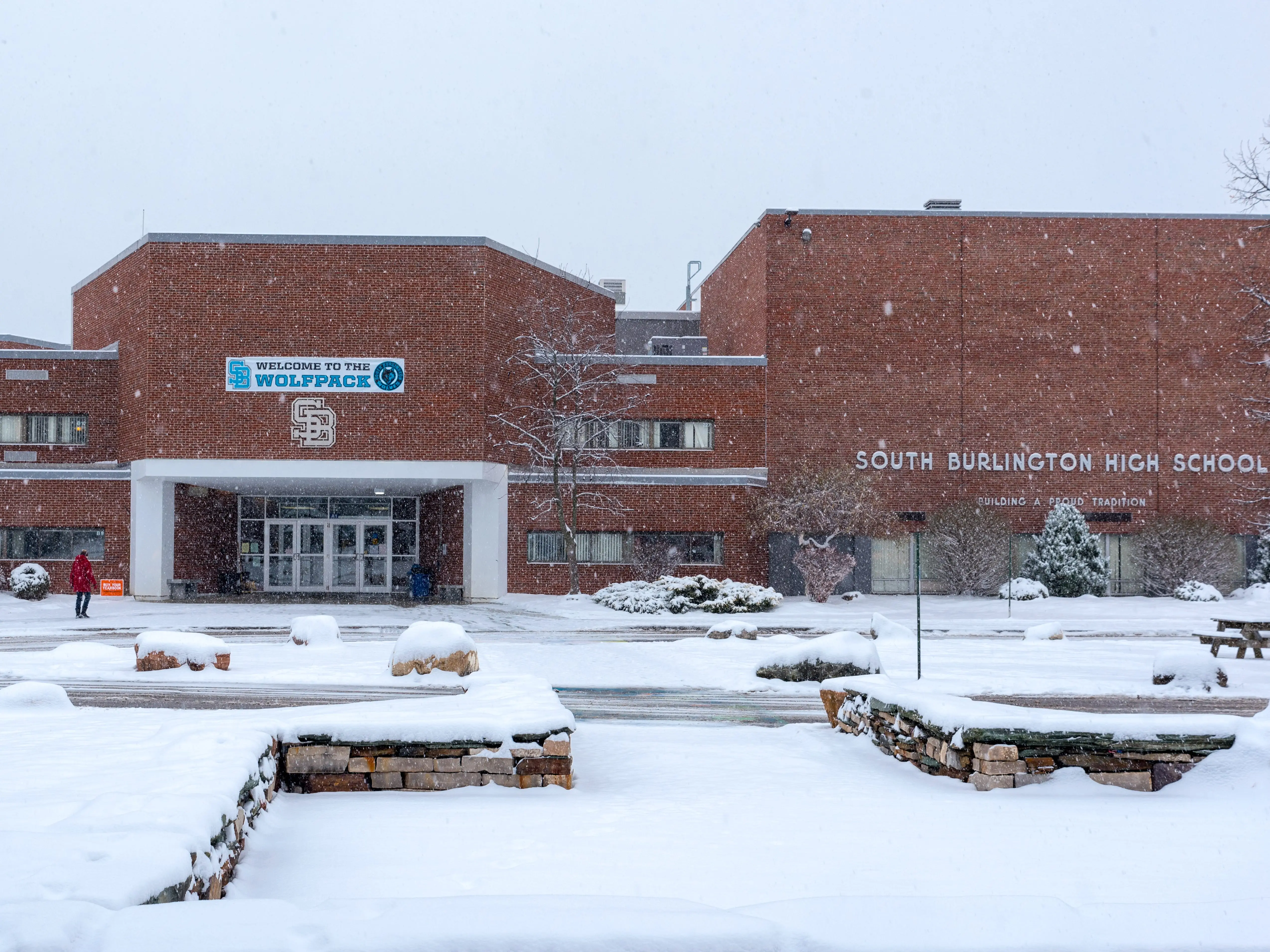 Snow-covered South Burlington High School in Burlington, Vermont.