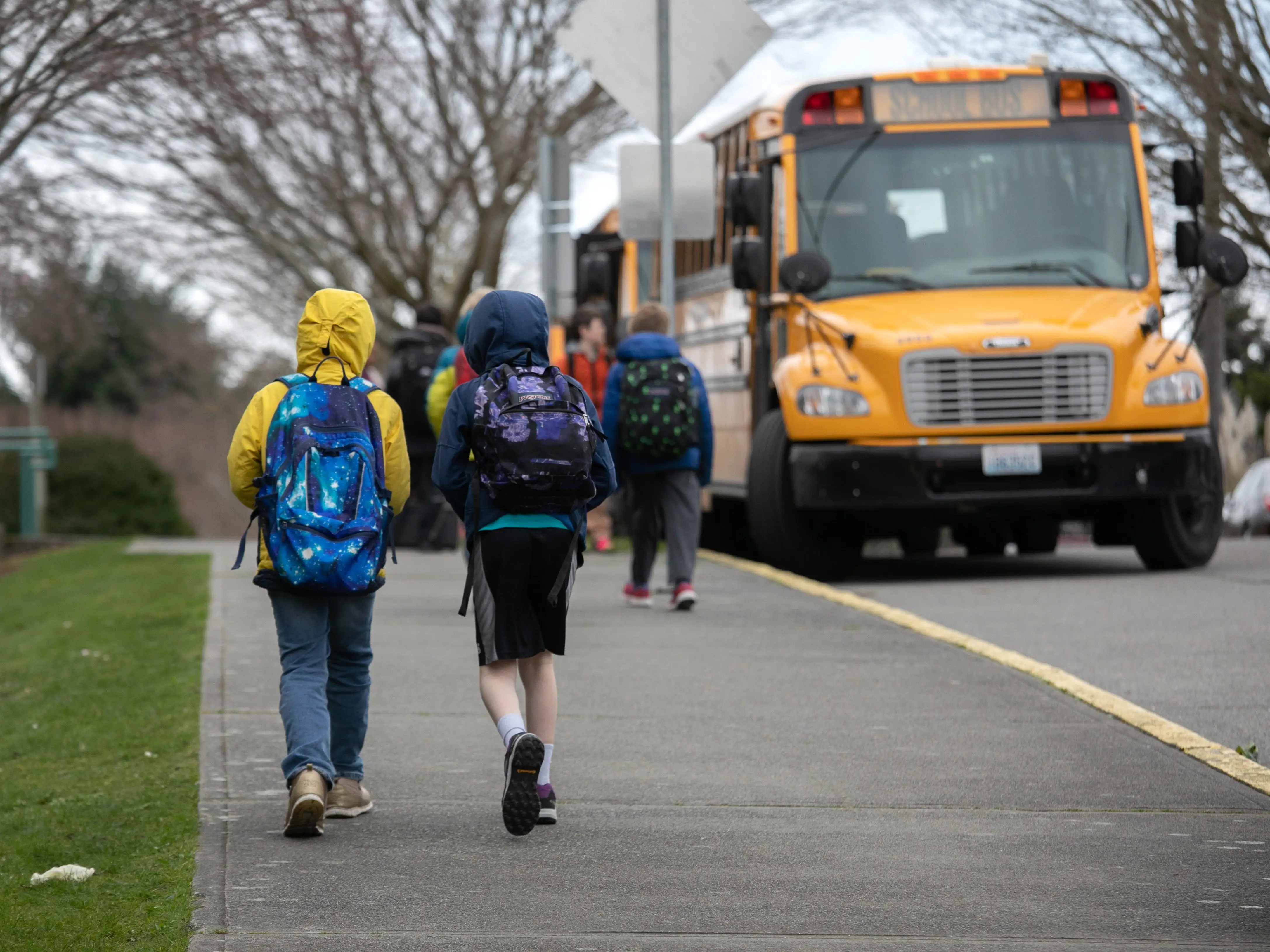 Students leave Thurgood Marshal Elementary school in Seattle, Washington.