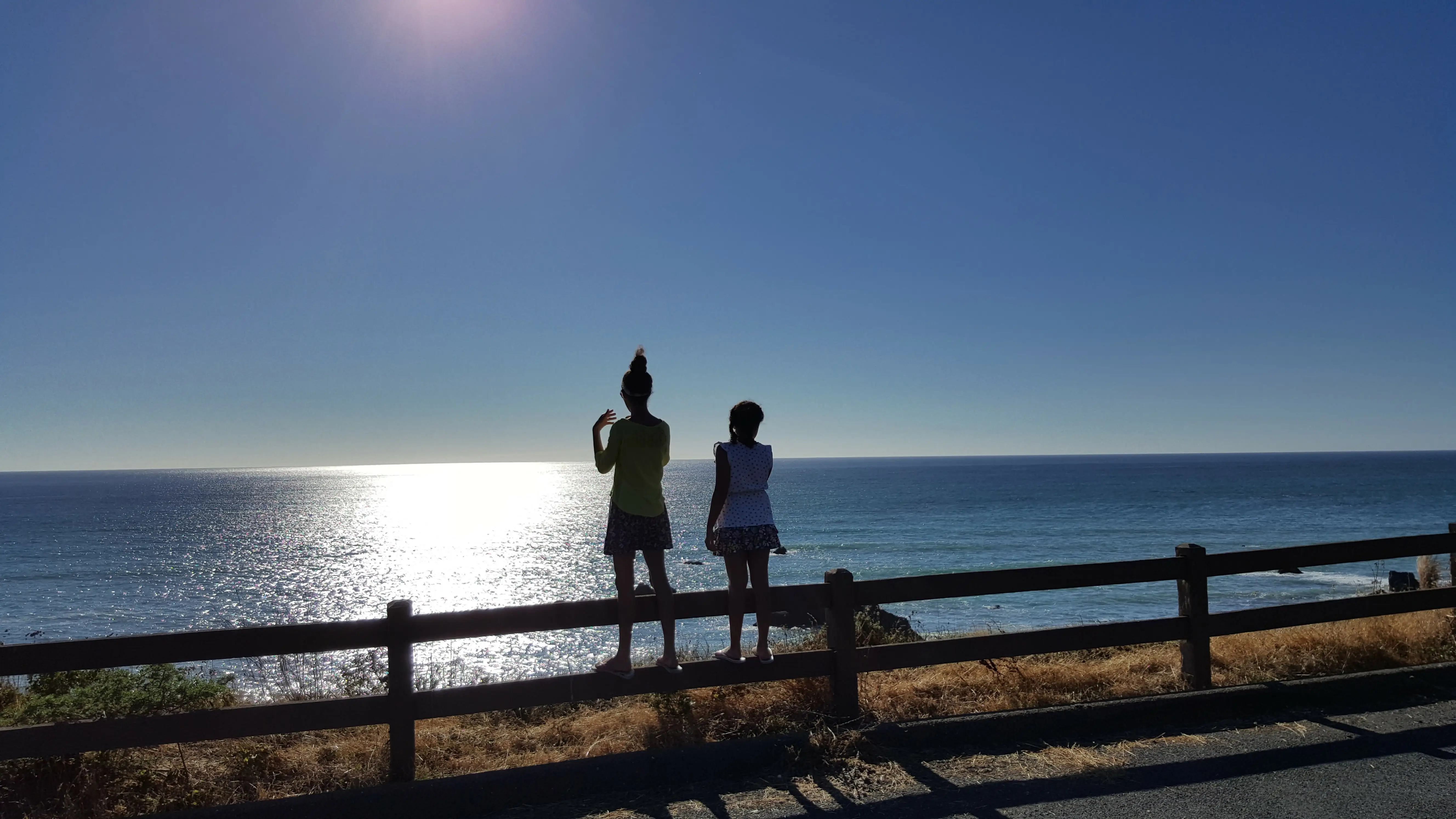 The author's children are shown in silhouette while standing on a fence in front of water.