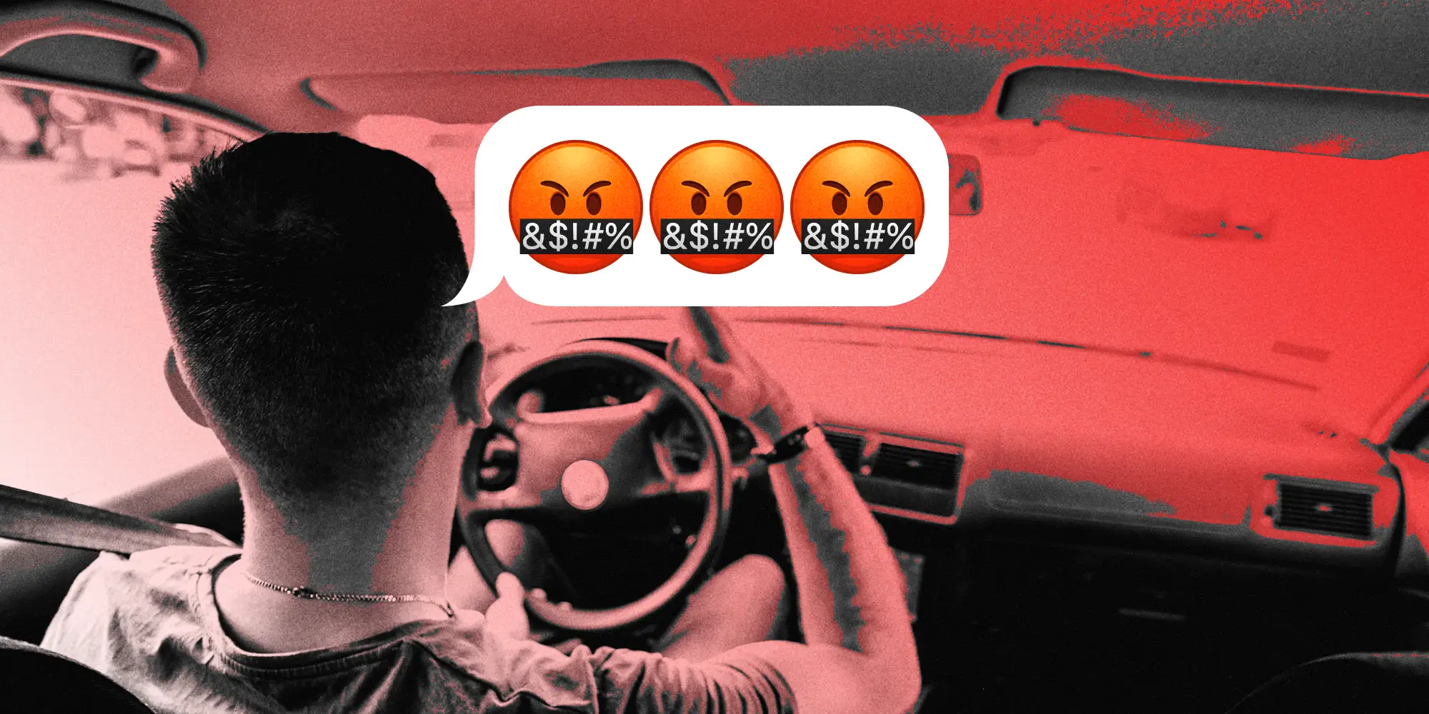 Angry and distressed young man driving a car with a speech bubble that has angry swearing emojis.