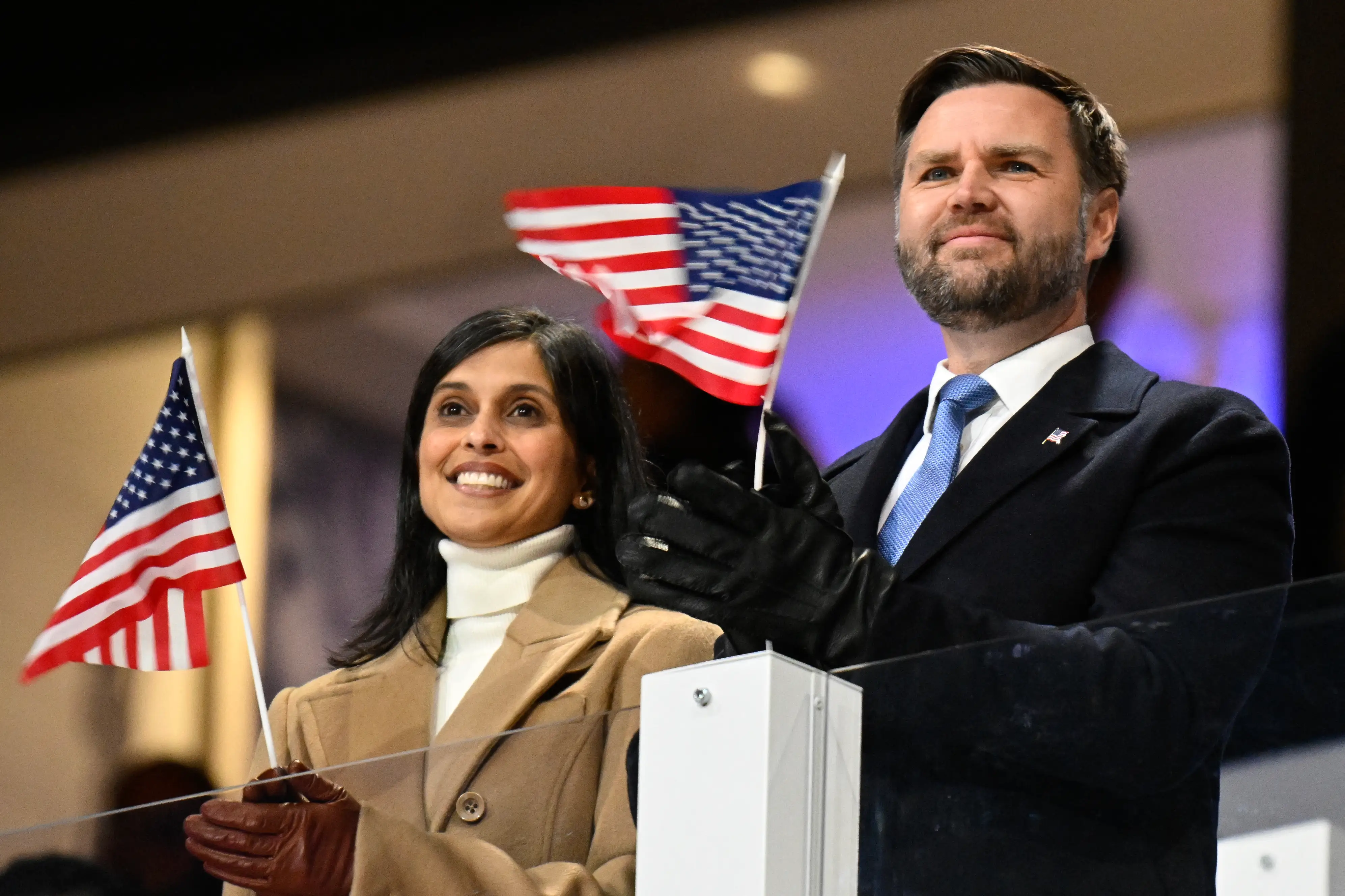Usha Vance and JD Vance at the opening ceremony of the 2026 Winter Olympics.