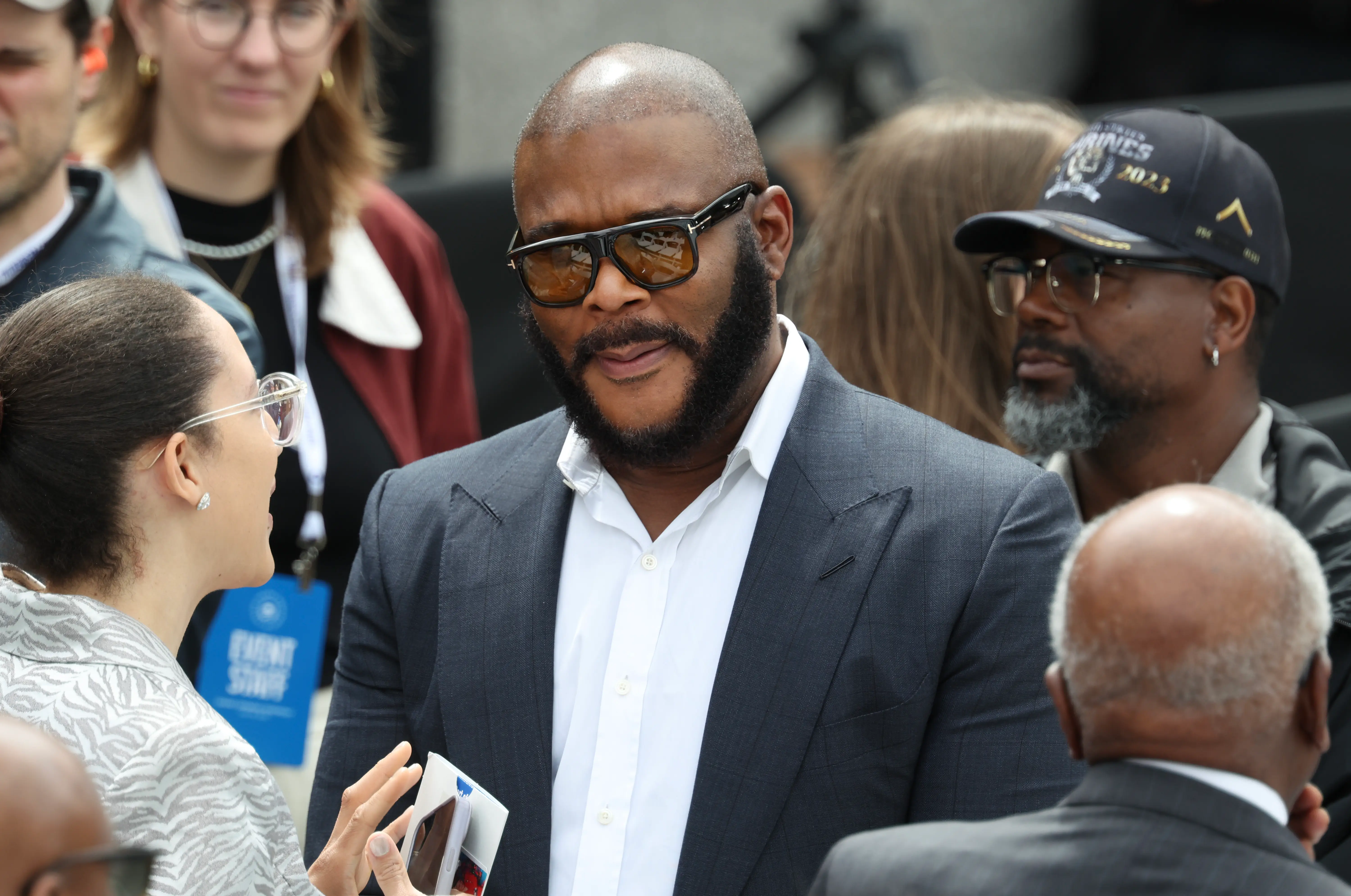 Tyler Perry attends the dedication ceremony for the opening of the Barack Obama Presidential Center