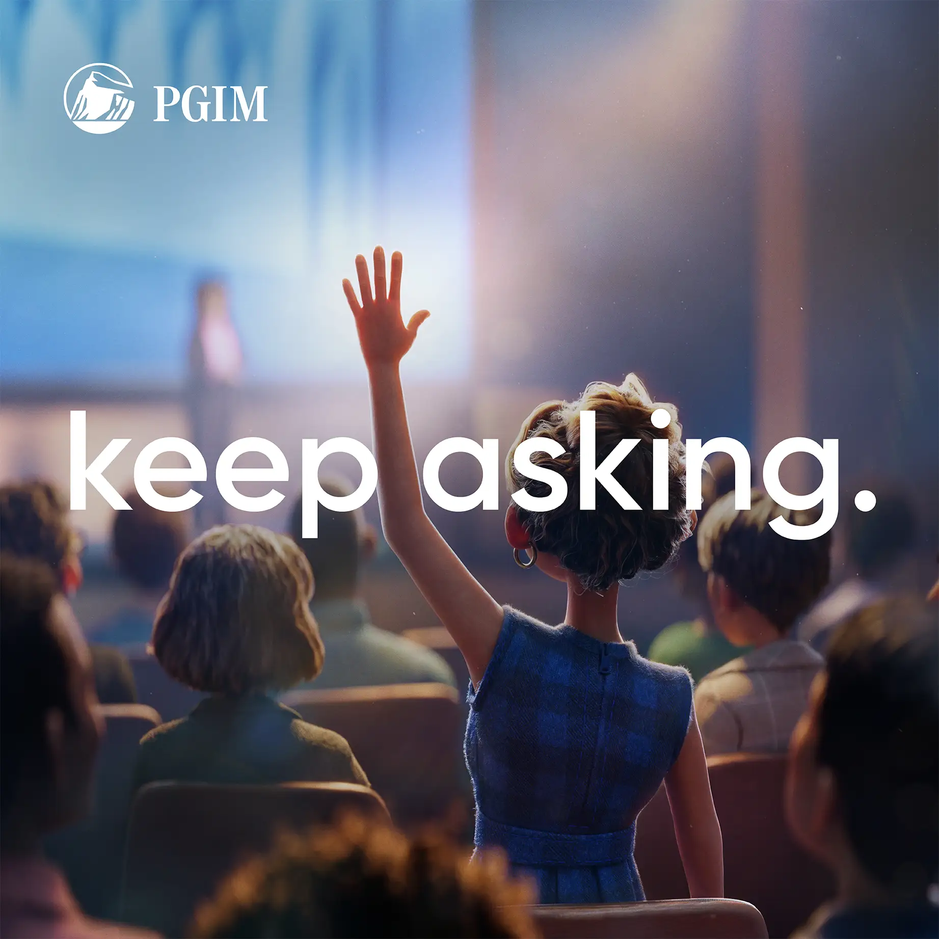Claymation figure raising hand with Keep Asking slogan for PGIM