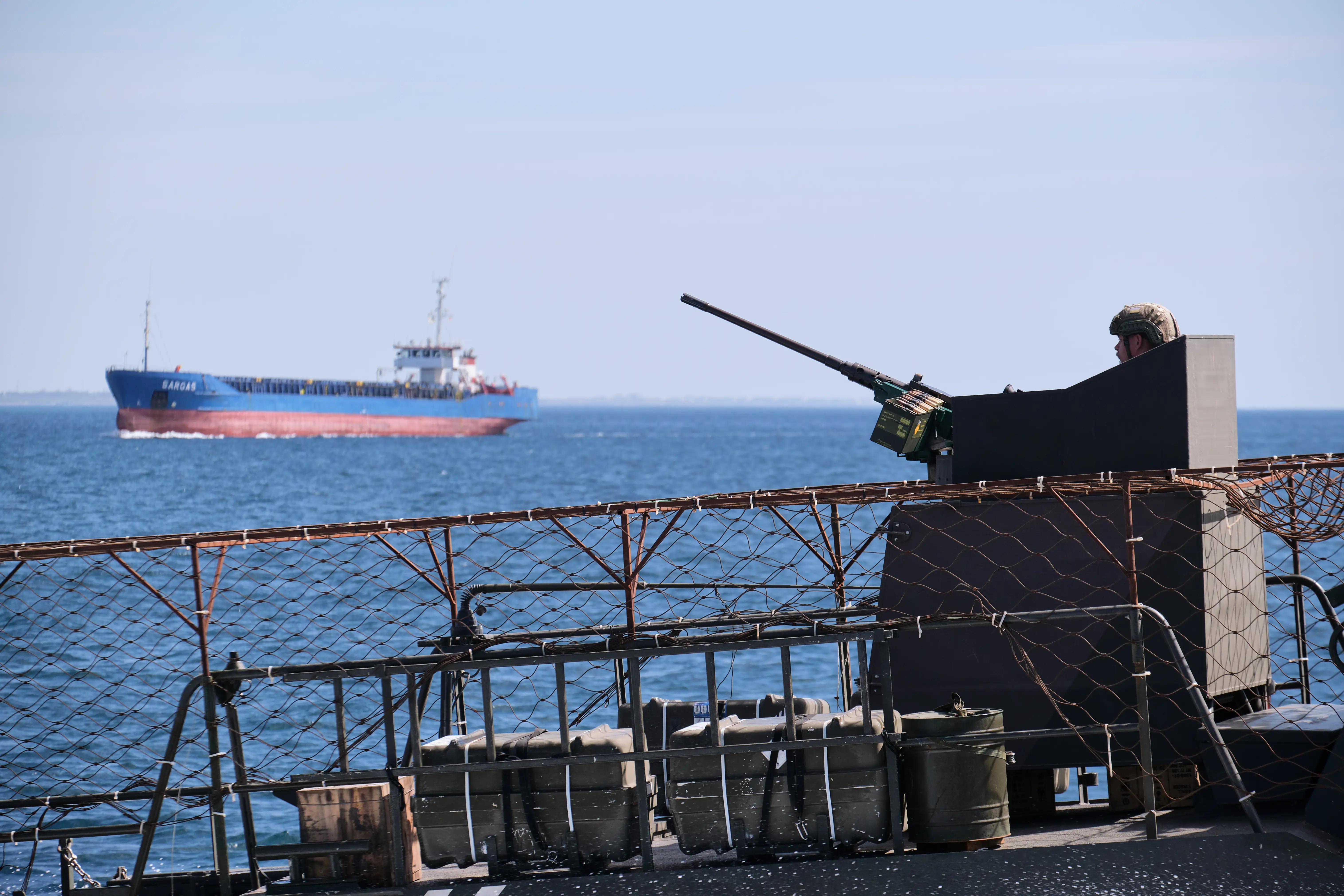 Ukrainian forces patrol the Black Sea off Ukraine's coast to defend infrastructure and residential areas from Russian Shahed drones on April 28, 2026, in Odesa, Ukraine.