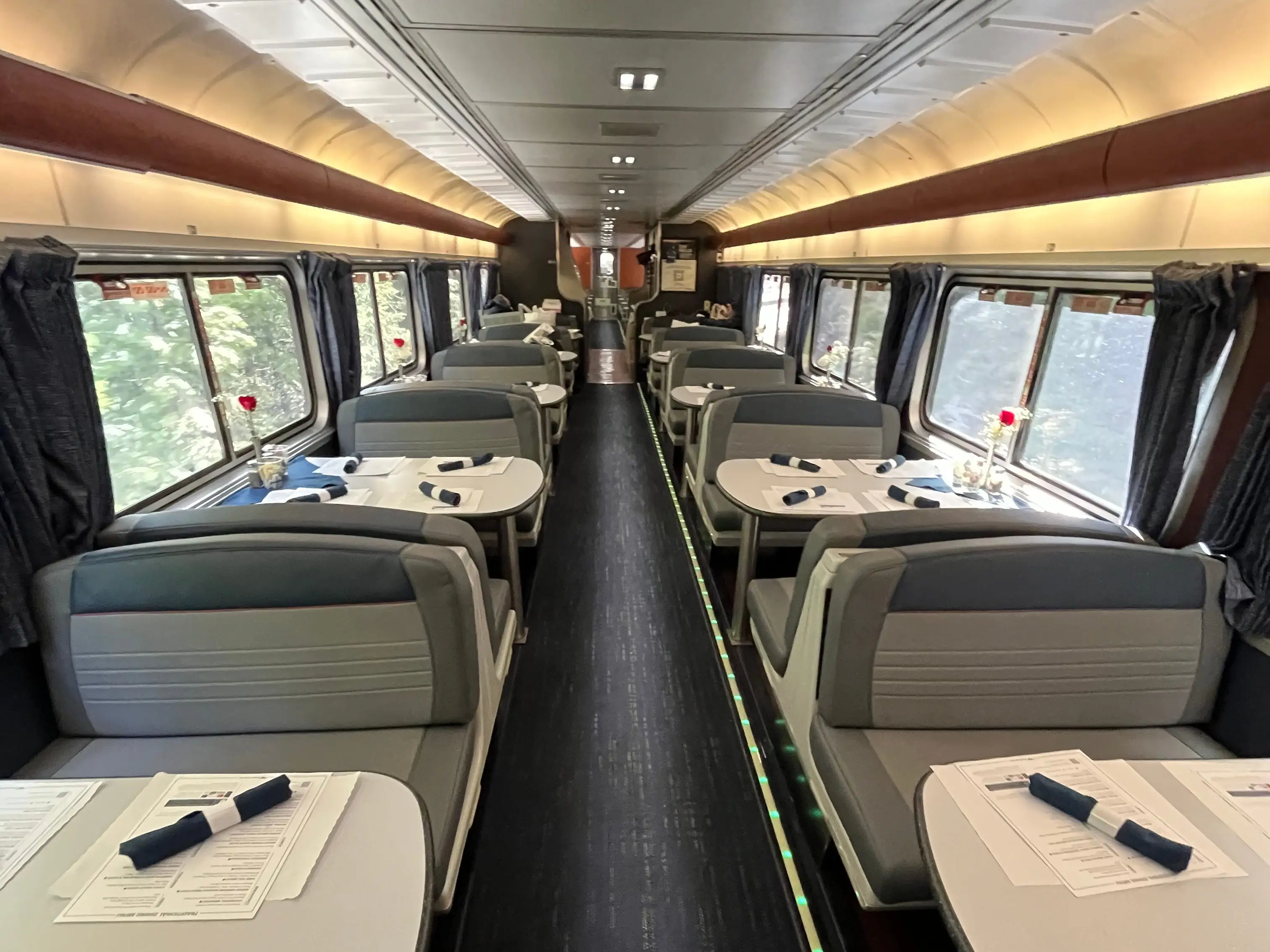 The dining car inside an Amtrak train.