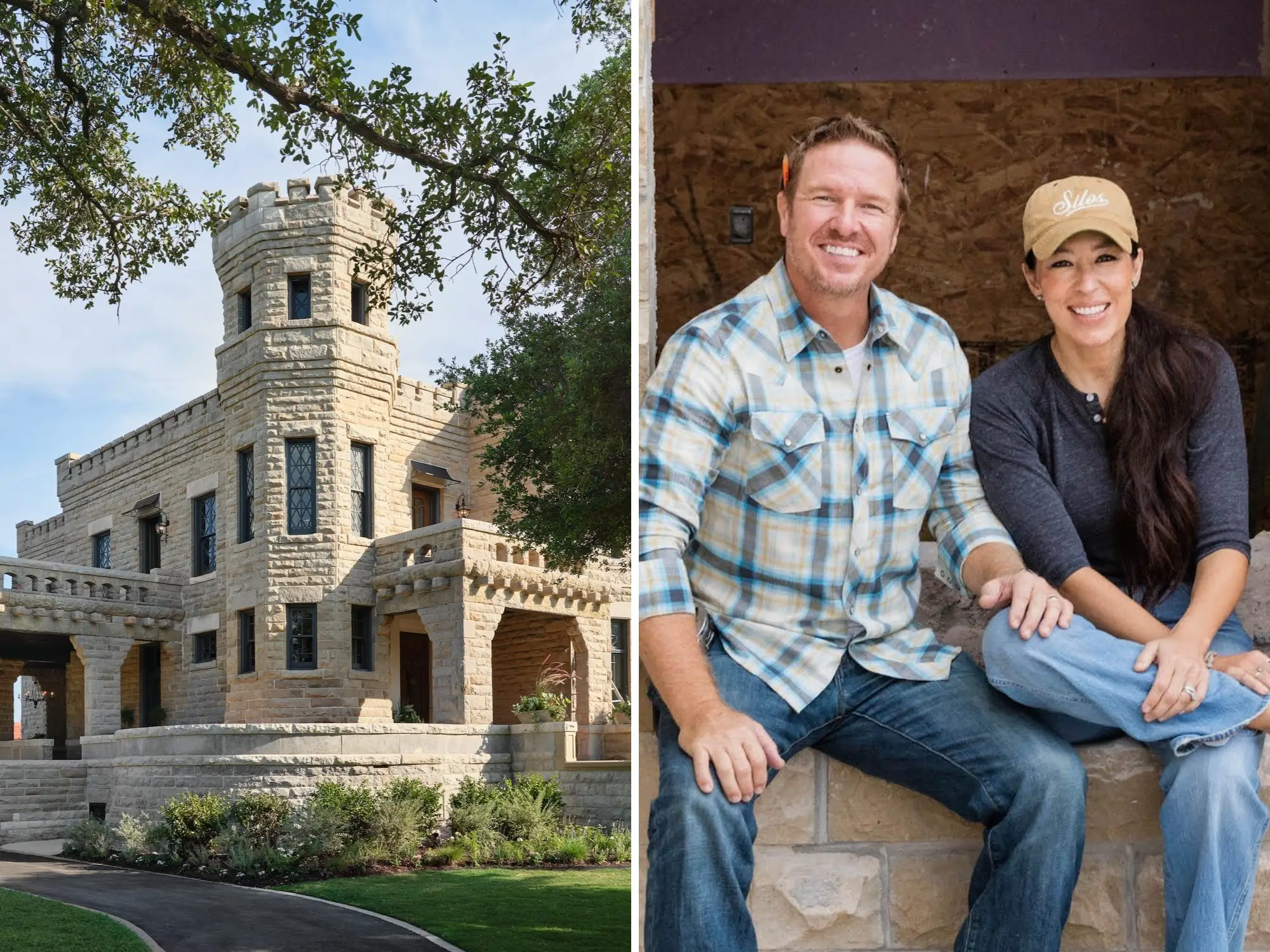 A side-by-side of a castle and Chip and Joanna Gaines.