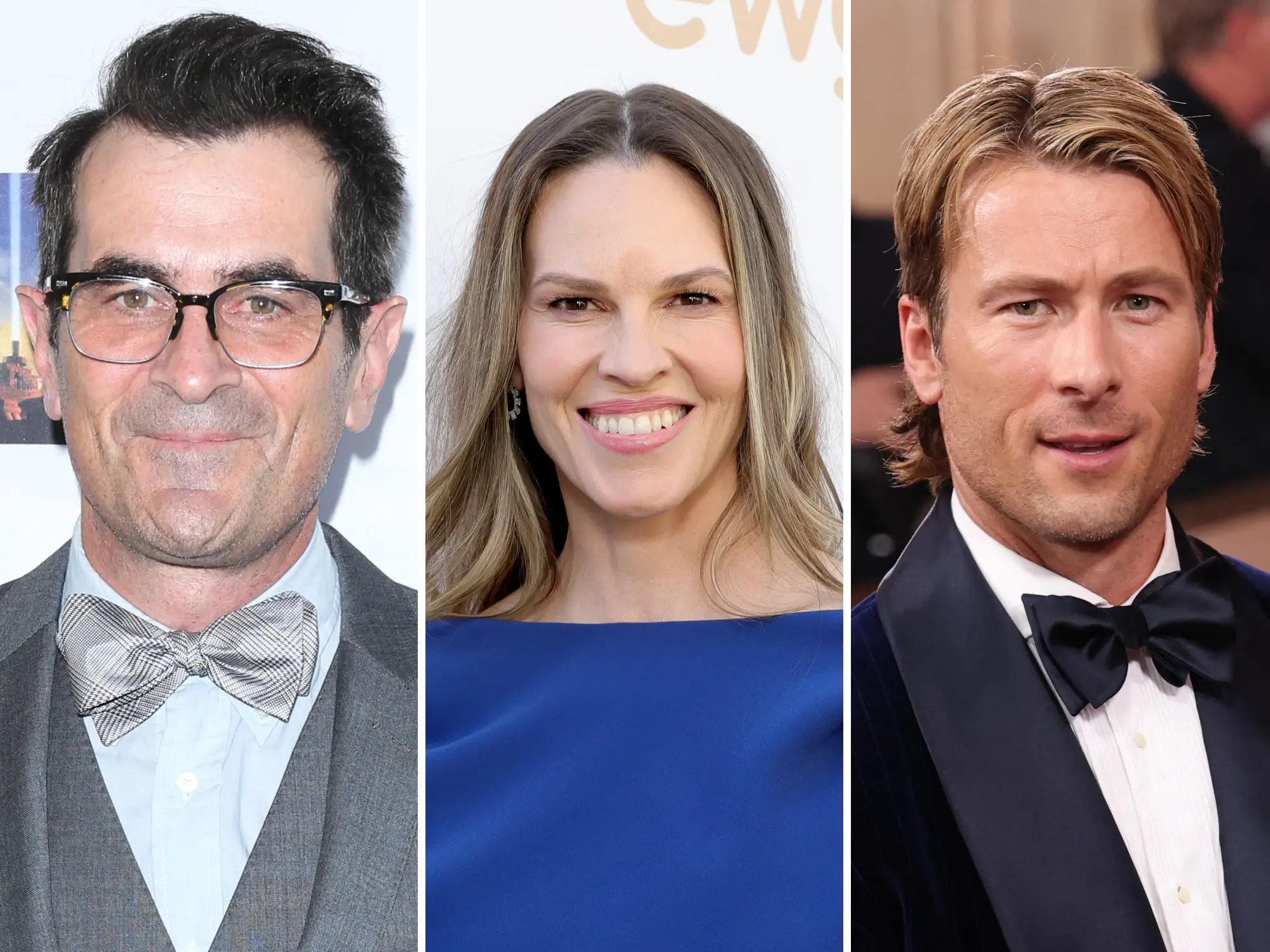 A composite image featuring Ty Burrell, Hilary Swank, and Glen Powell.