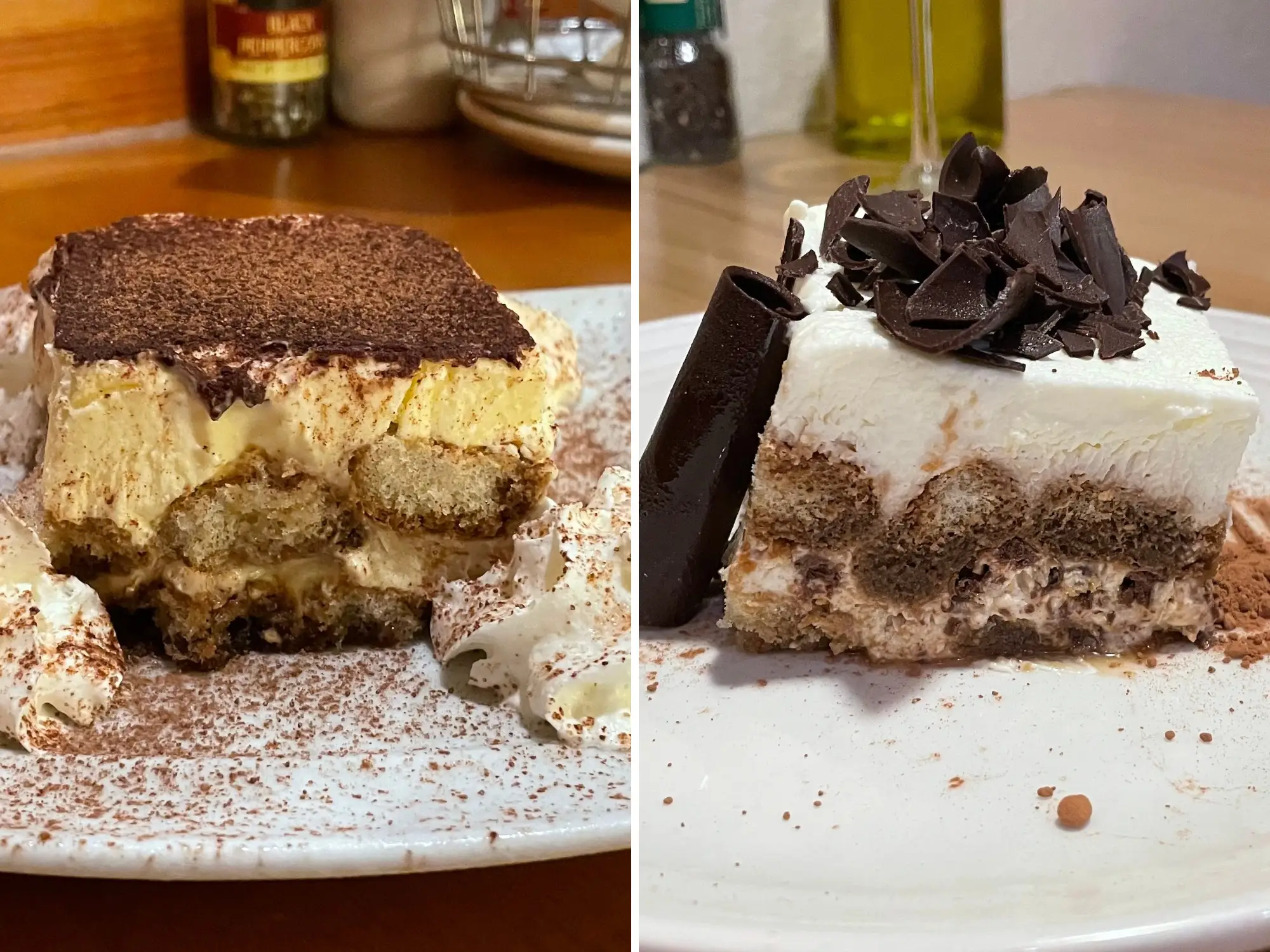 A composite image of tiramisu at Olive Garden and tiramisu at Carrabba's.