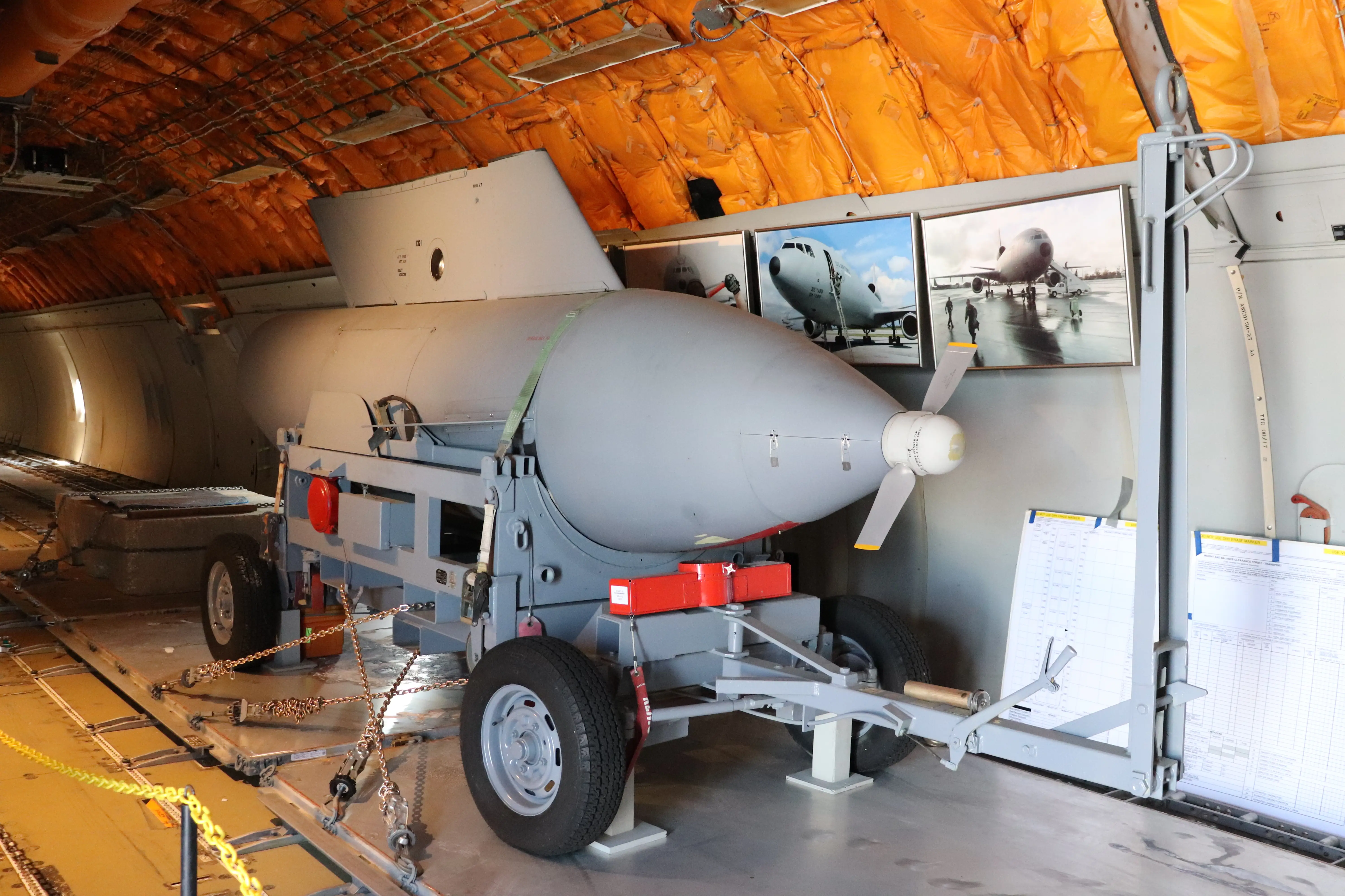 A wing air refueling pod on display inside a KC-10A Extender.