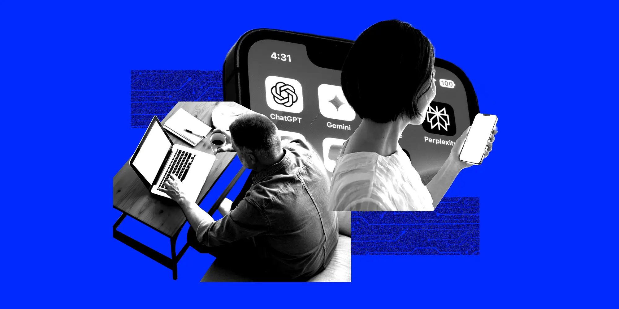 Photo collage featuring a man on a laptop, a woman using a phone, and an iPhone with AI apps on the screen.