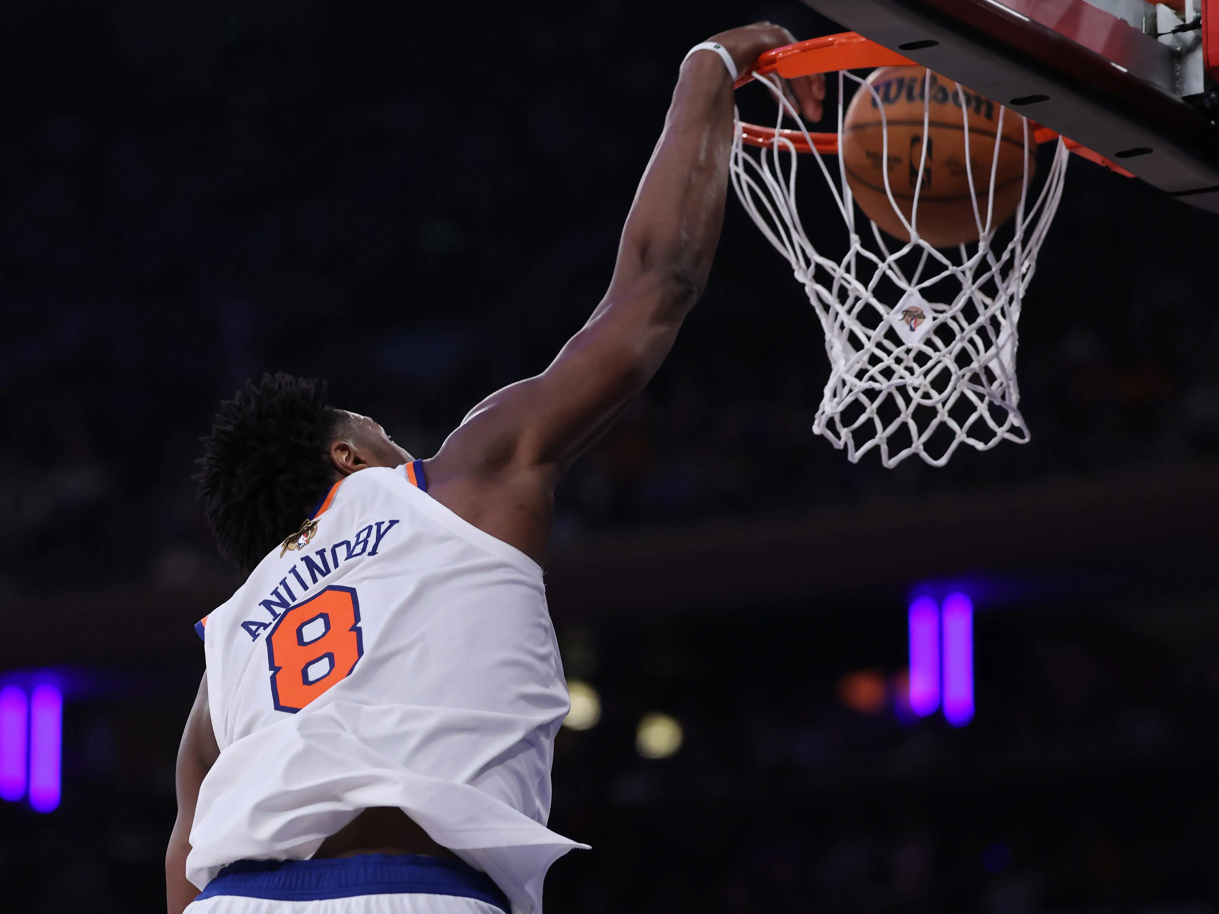 OG Anunoby #8 of the New York Knicks dunks the ball during the third quarter against the San Antonio Spurs in Game Four of the 2026 NBA Finals at Madison Square Garden.