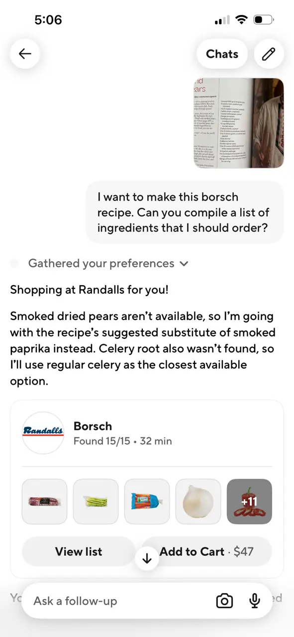 A screenshot shows the DoorDash app, including a customer chat with an AI assistant. The customer asks the assistant to find ingredients for a borsch recipe, and a reply indicates that the AI tool has found 15 grocery items, such as ribs and onions, for the recipe.