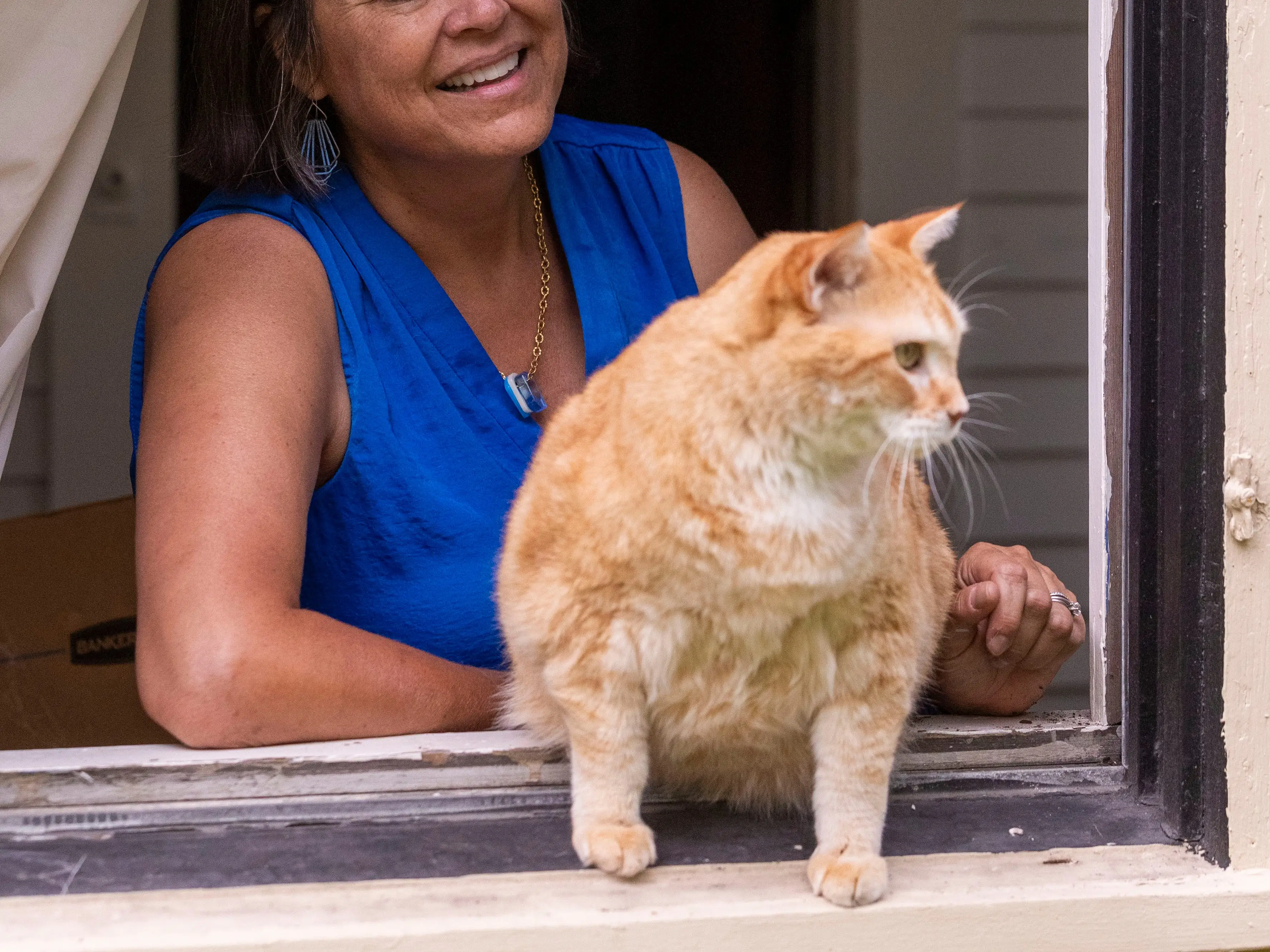 A woman in a window with an orange cat.