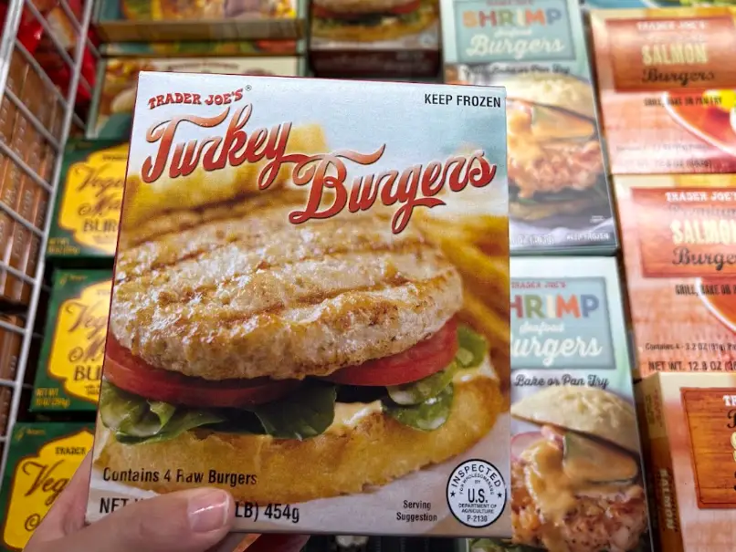 A frozen box of turkey burgers from Trader Joe's.