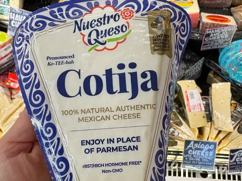 A triangle of Nuestro Queso cotija cheese at Trader Joe's