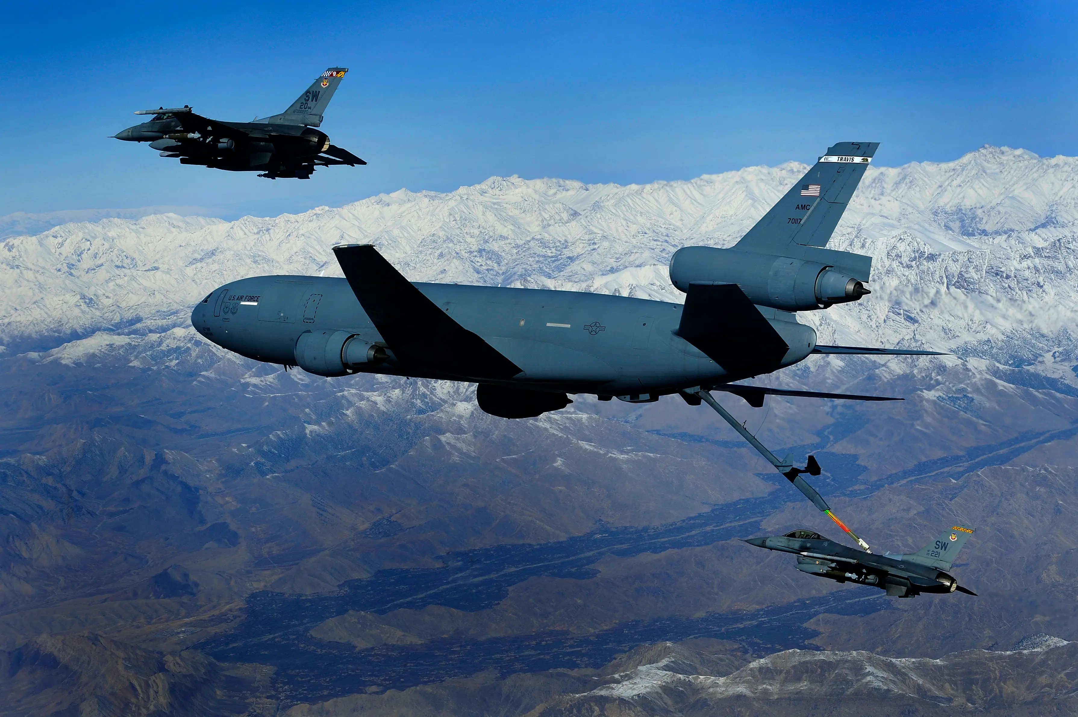 A KC-10A Extender refuels an F-16 Fighting Falcon over Afghanistan in 2009.