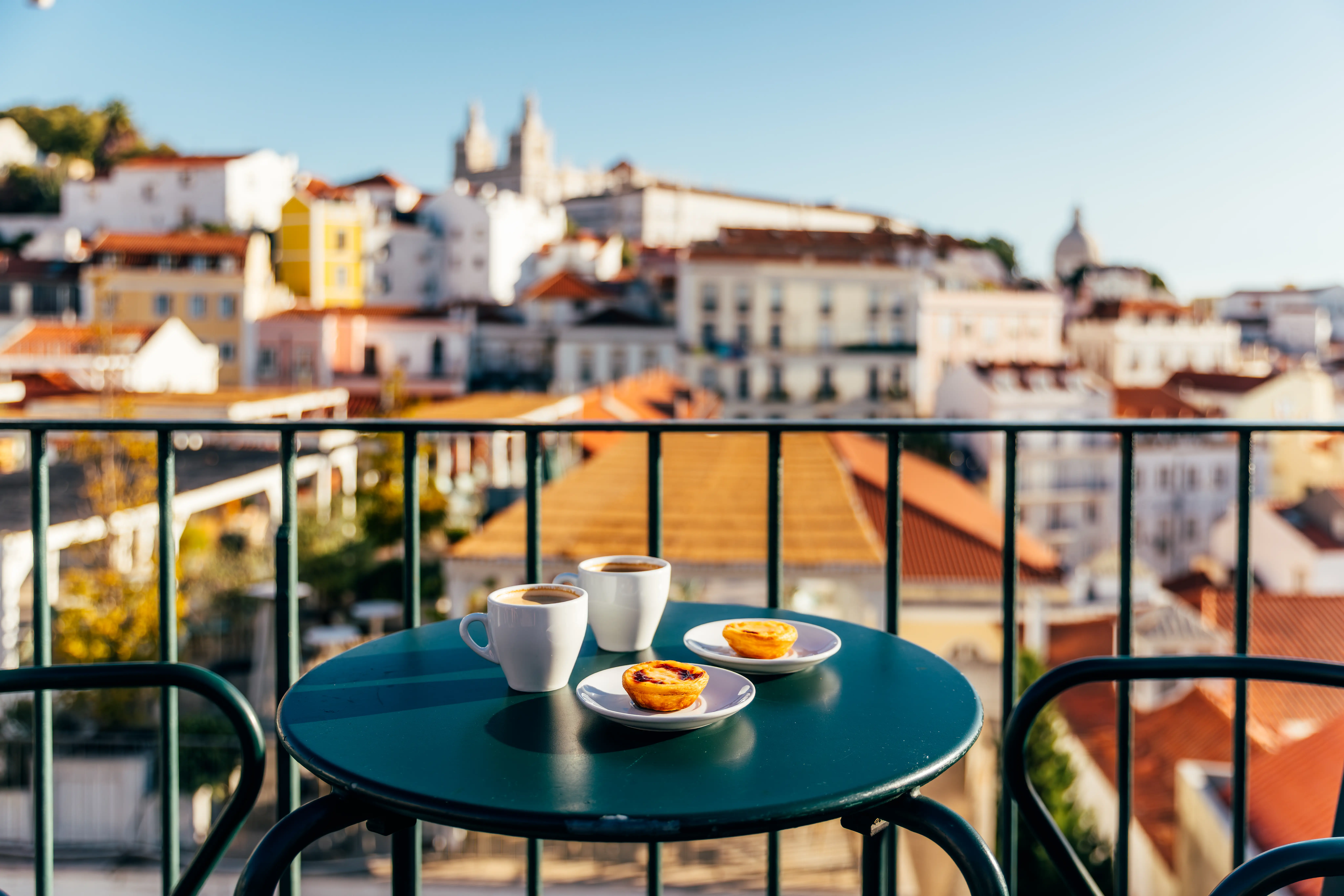 Two coffees and plates with pastries on table next to balcony overlooking Lisbon