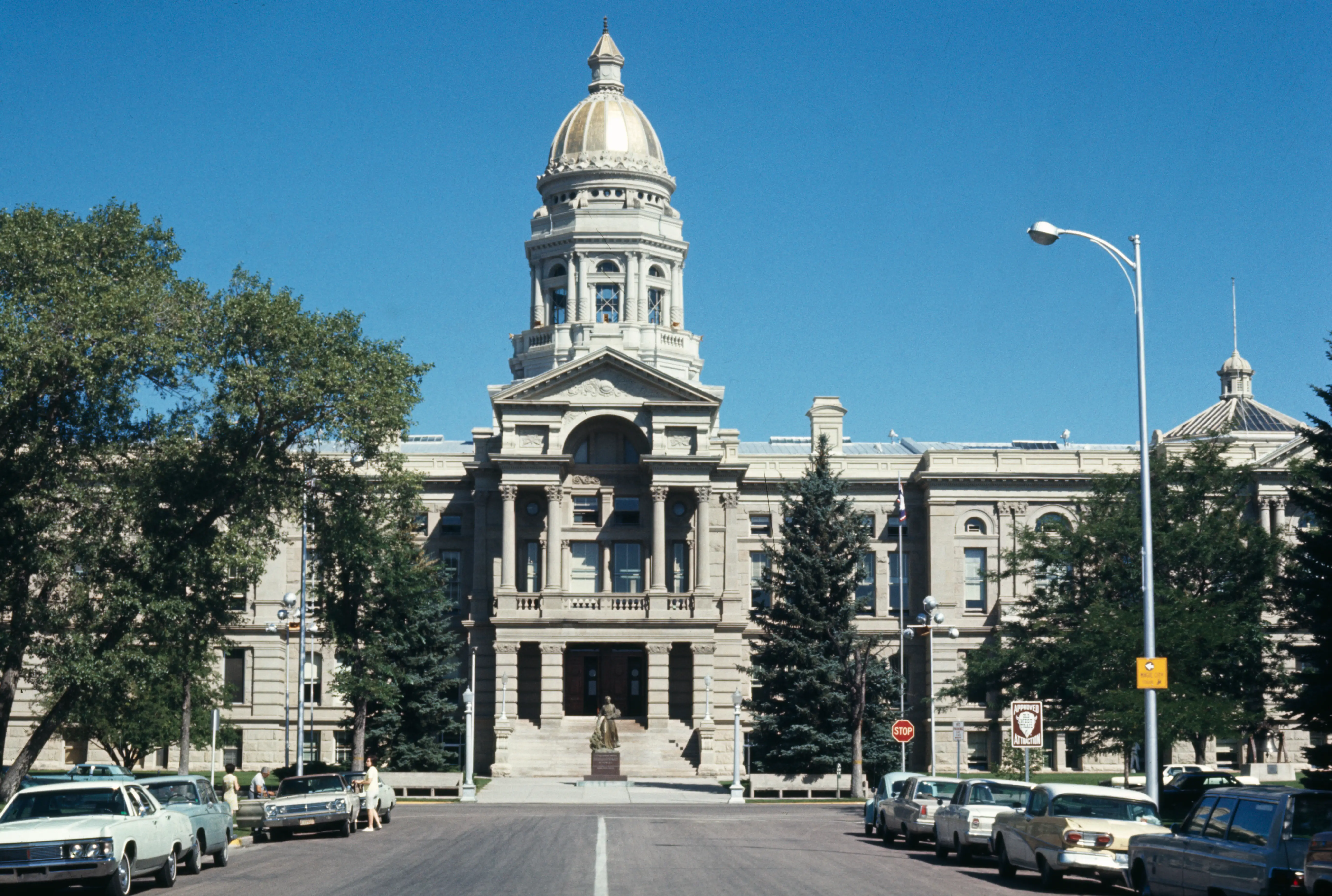 Exterior view of the Wyoming State Capitol Building in Cheyenne, Wyoming, in 1974.