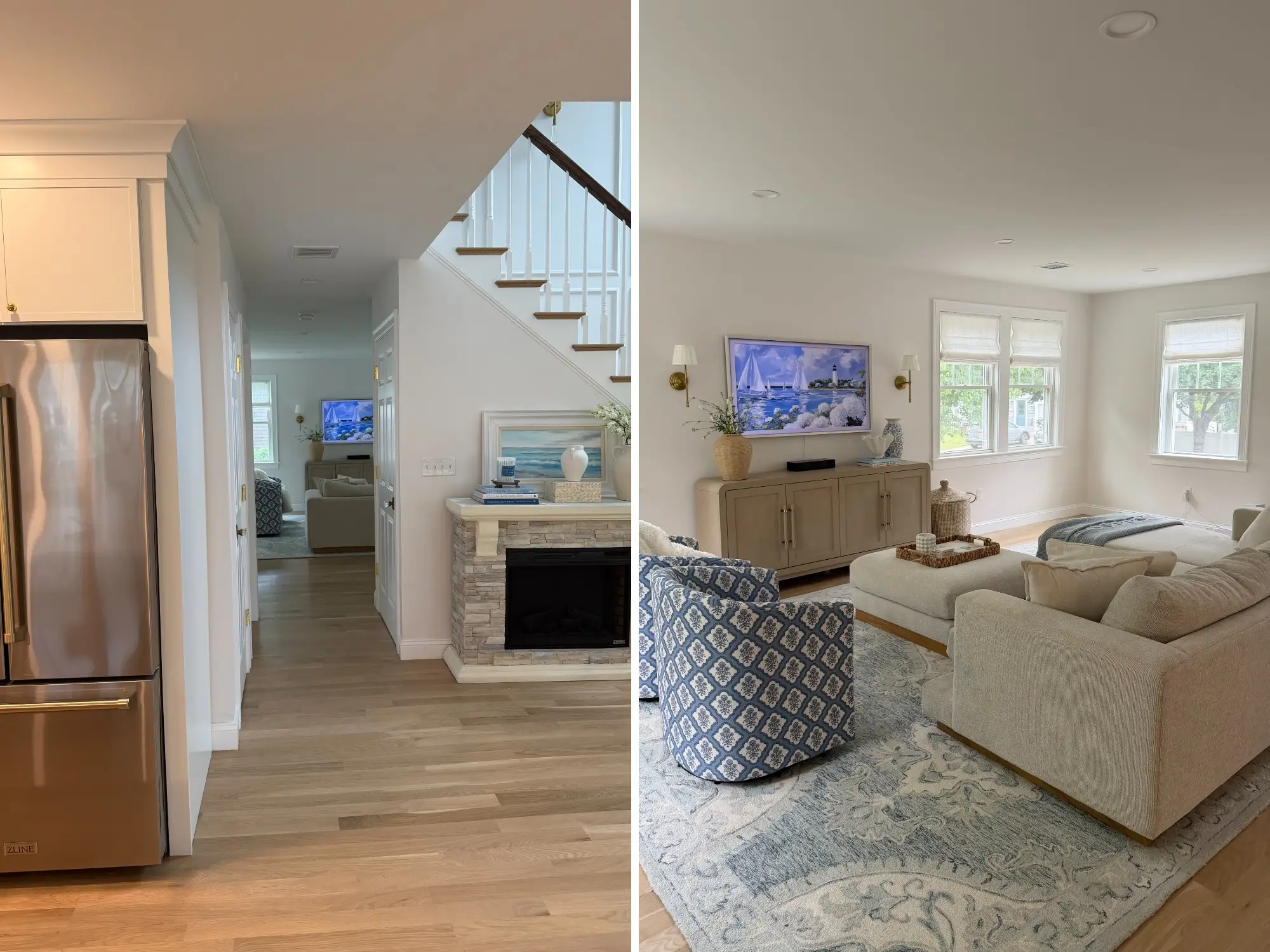 A side-by-side of the hallway leading to a living room and the living room in a house.