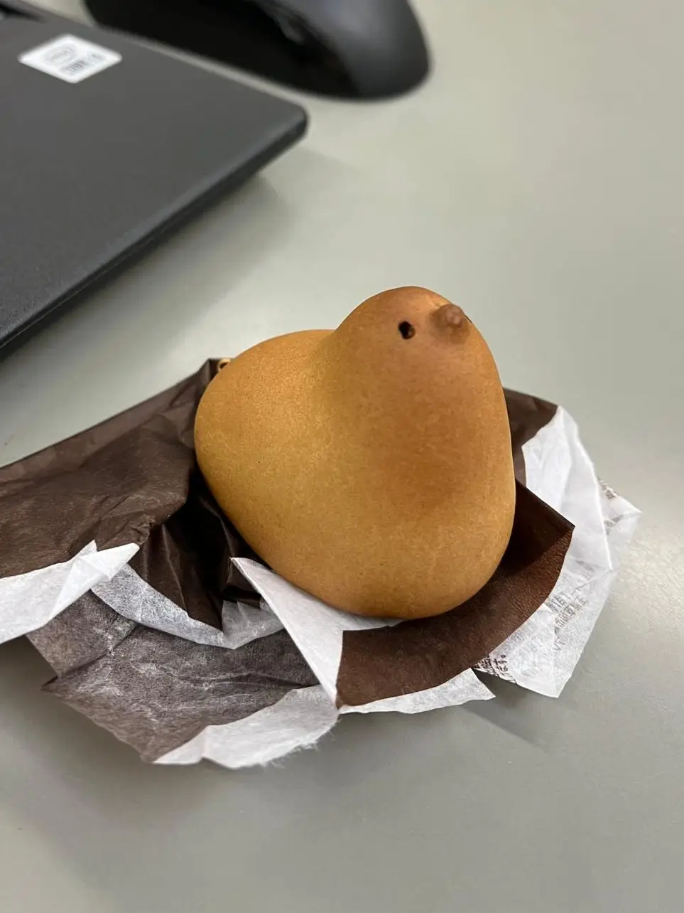 An unwrapped cake in the shape of a bird