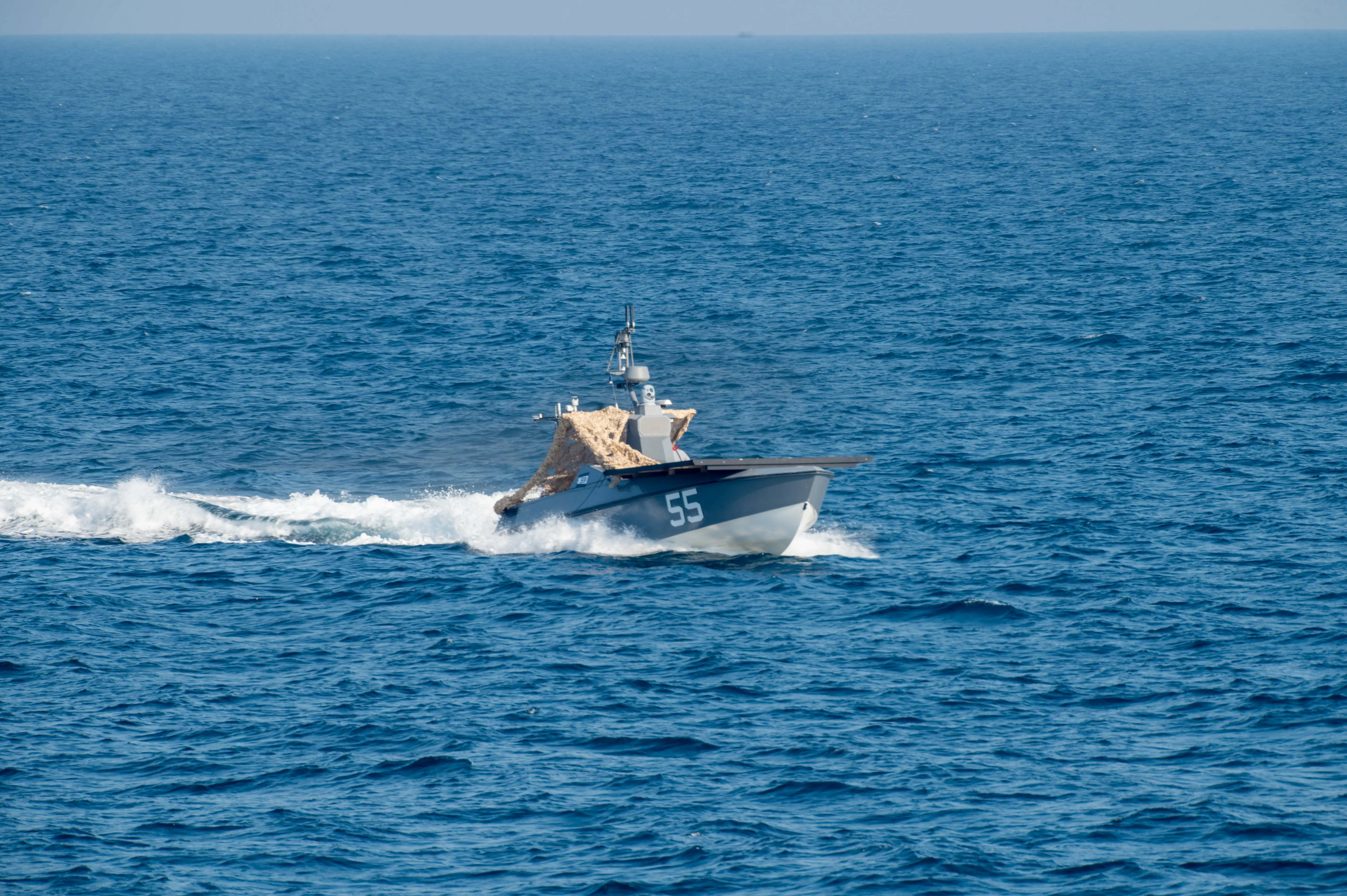 An uncrewed surface vessel, attached to US Naval Forces Central Command's Task Force 59, participates in exercise Digital Talon 3.0 in the US Central Command area of responsibility.