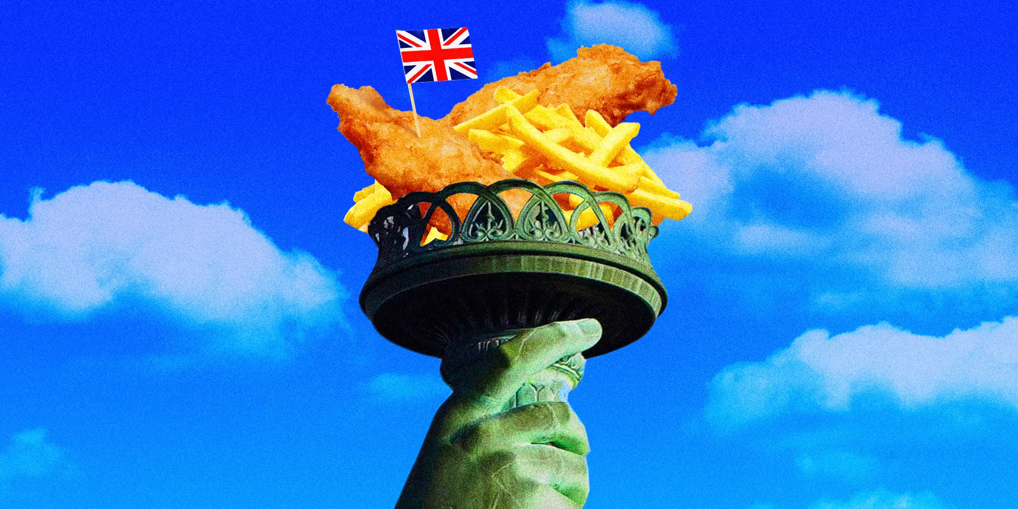 Statue of liberty holding up a batch of Fish and Chips