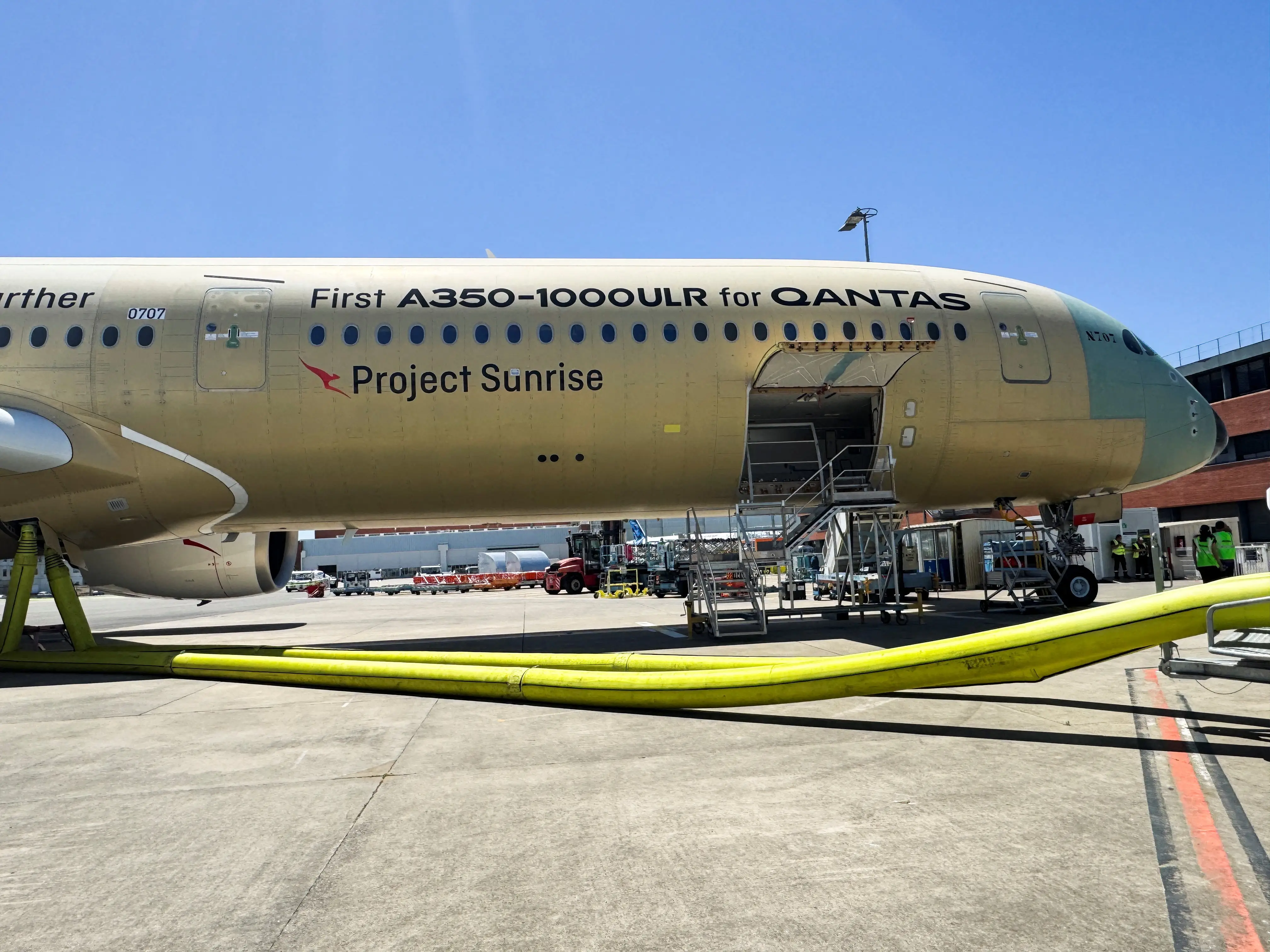 The Qantas A350-1000ULR test plane with Project Sunrise written on the fuselage.