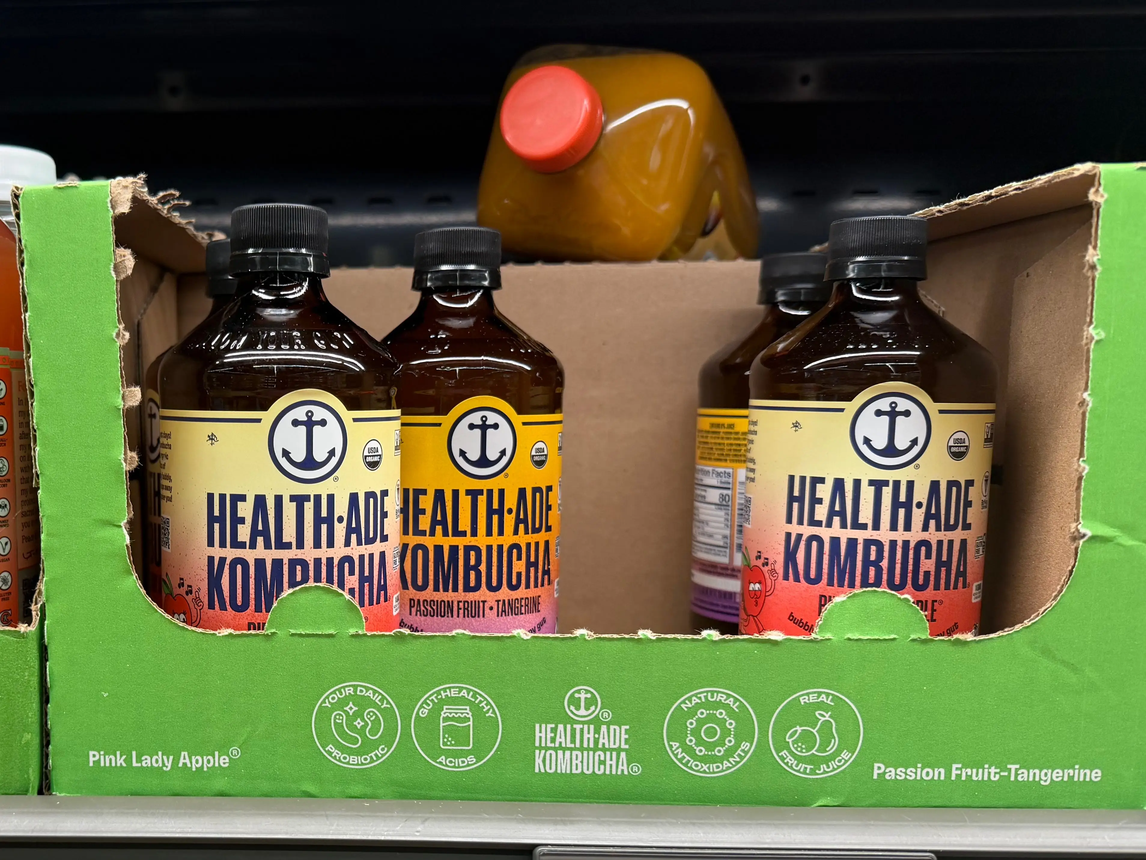 Bottles of Health-Ade kombucha on display at Aldi.
