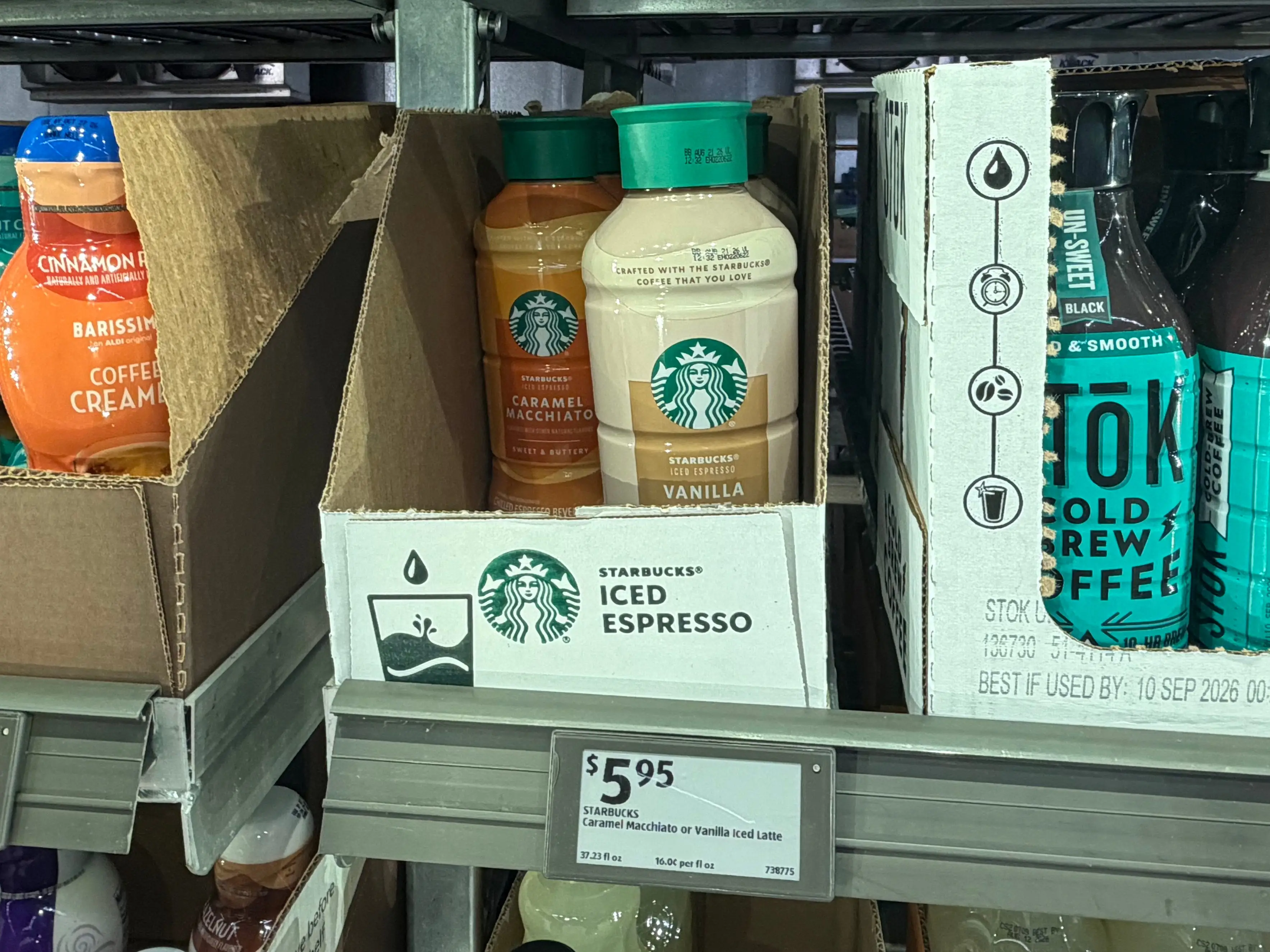 Bottles of Starbucks iced espresso in a refrigerator at Aldi.
