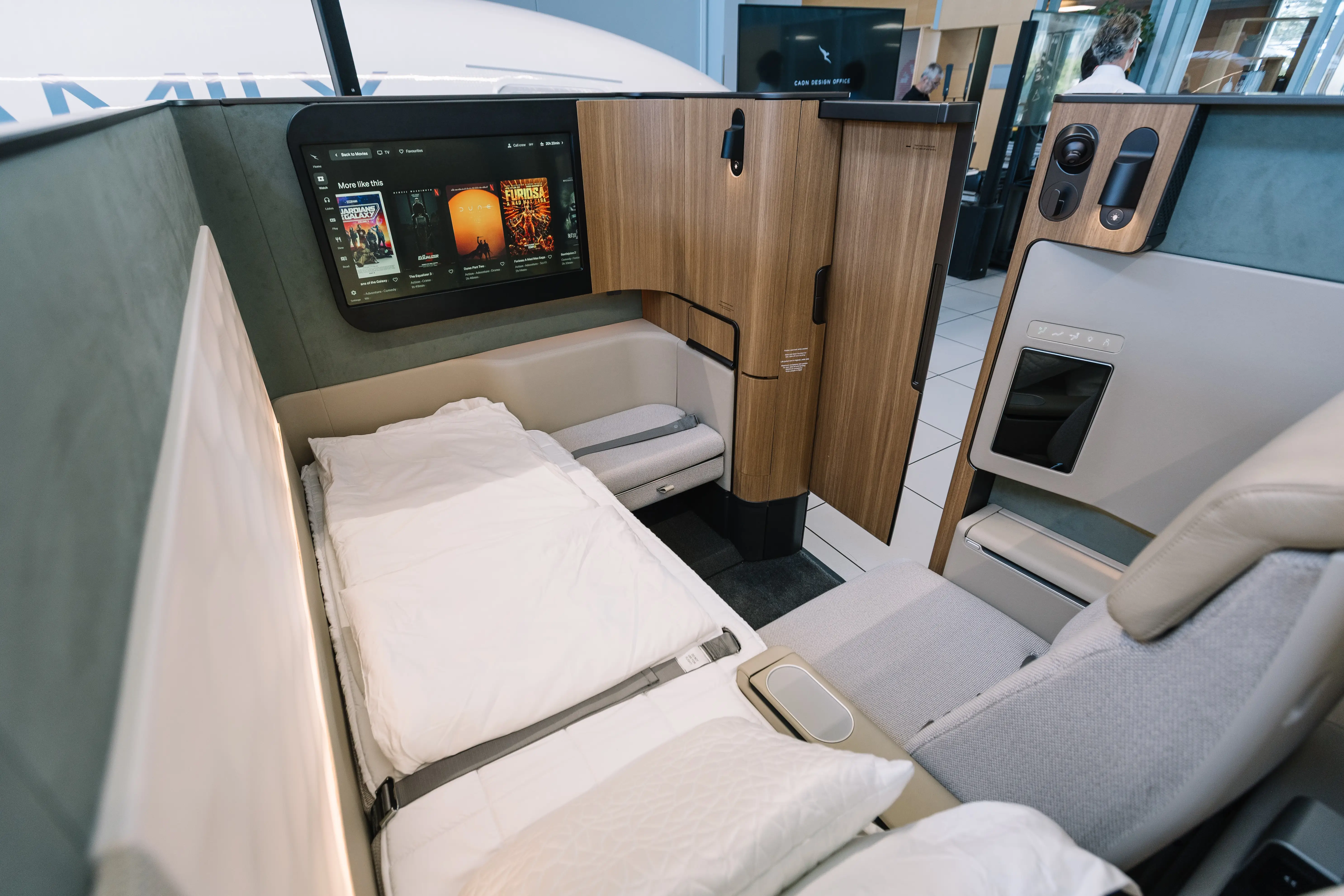 Qantas' new first class suite on display on a media day in France.