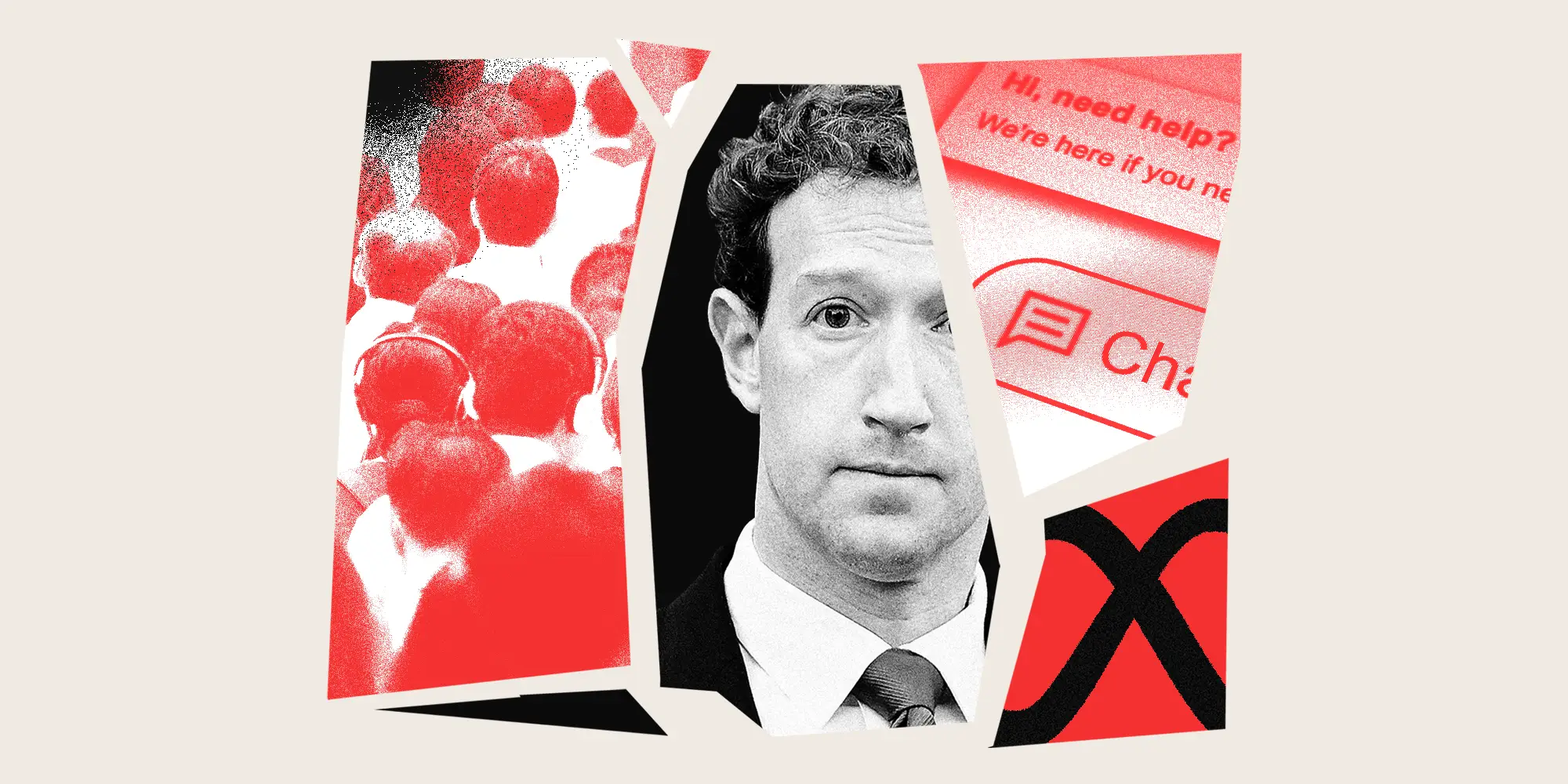 A photo collage featuring Mark Zuckerberg, a crowd of people, an AI chatbot, and the Meta logo