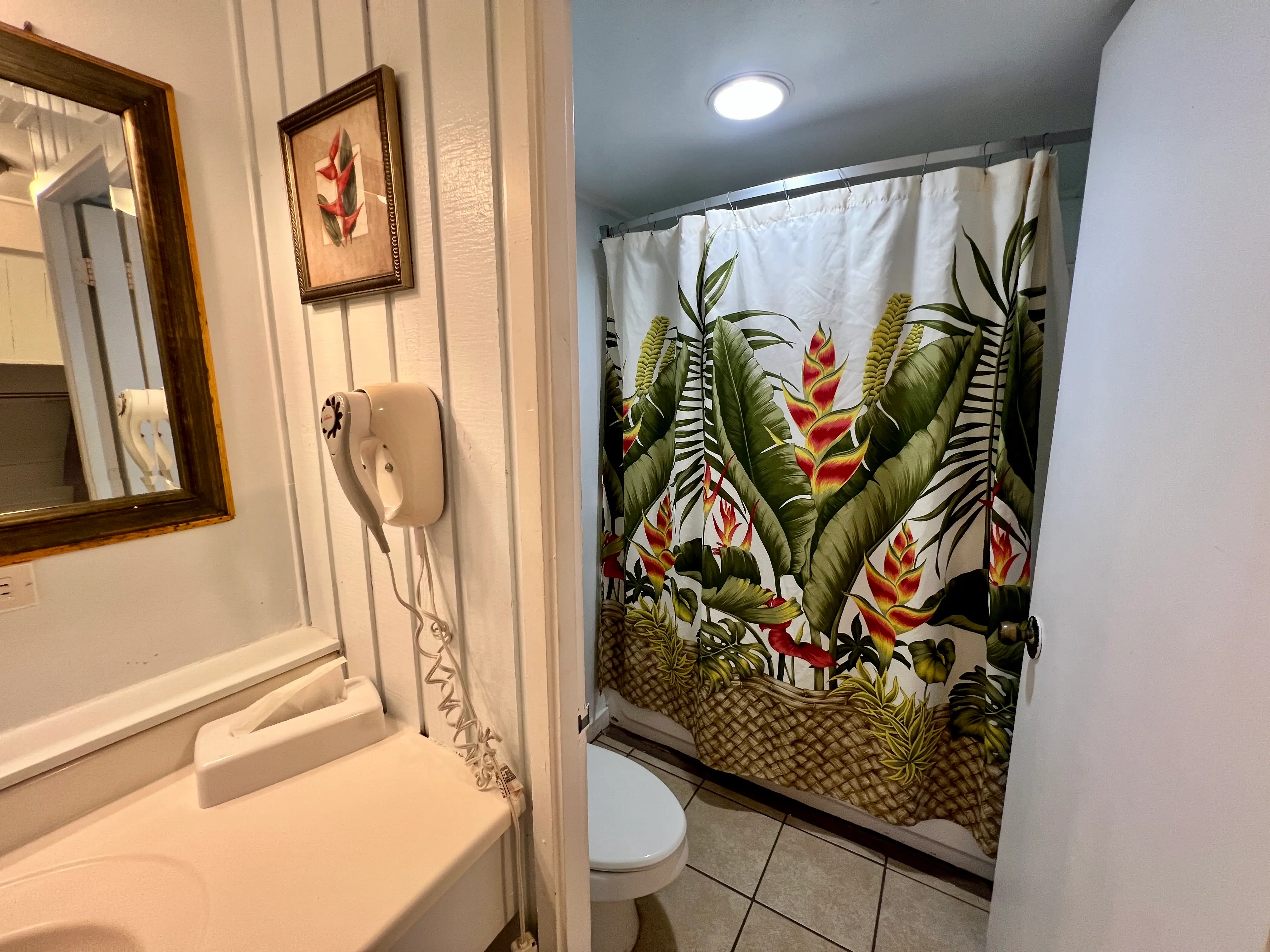 View of patterned shower curtain next to toilet