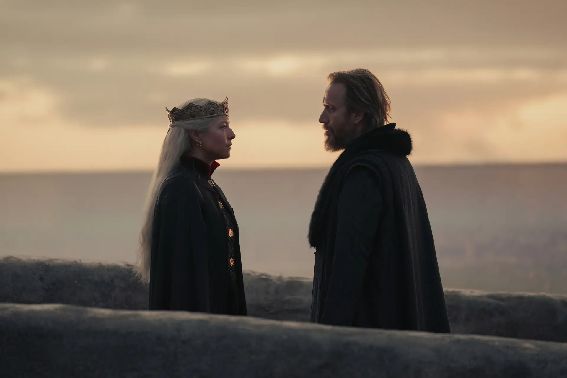Emma D'Arcy and Rhys Ifans as Rhaenyra Targaryen and Otto Hightower in 