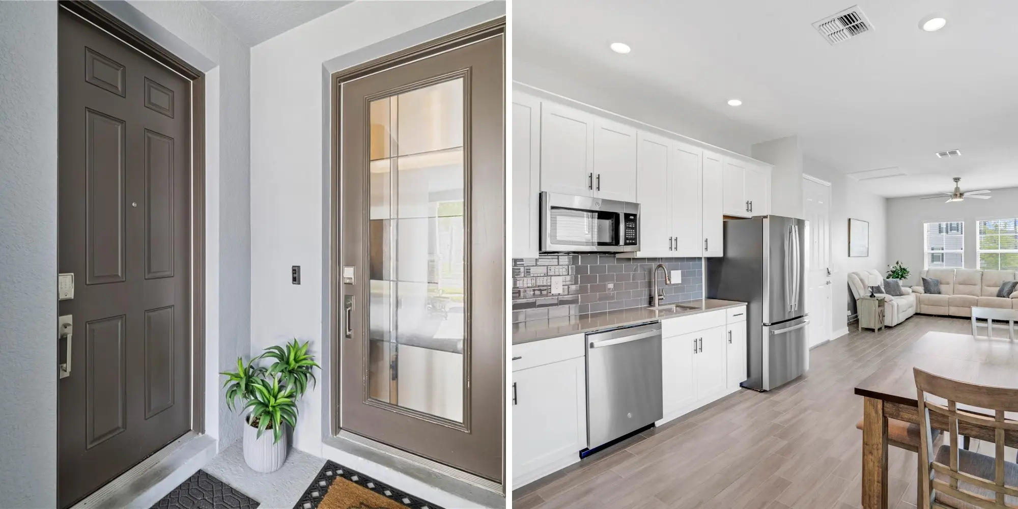 Modern home entryway beside an open kitchen and living area with white cabinetry and stainless steel appliances.