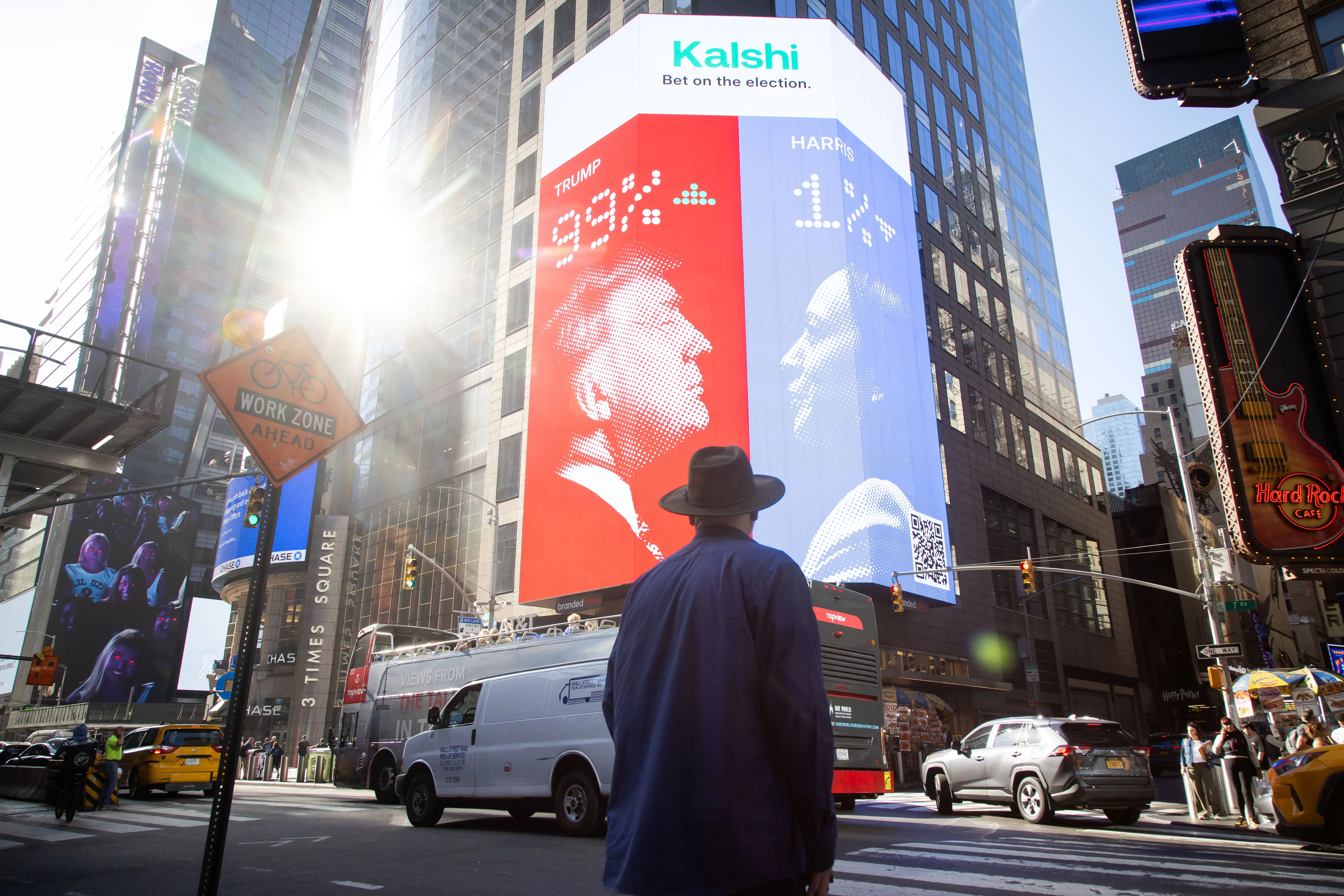 A billboard for Kalshi shows 2024 US presidential election odds.