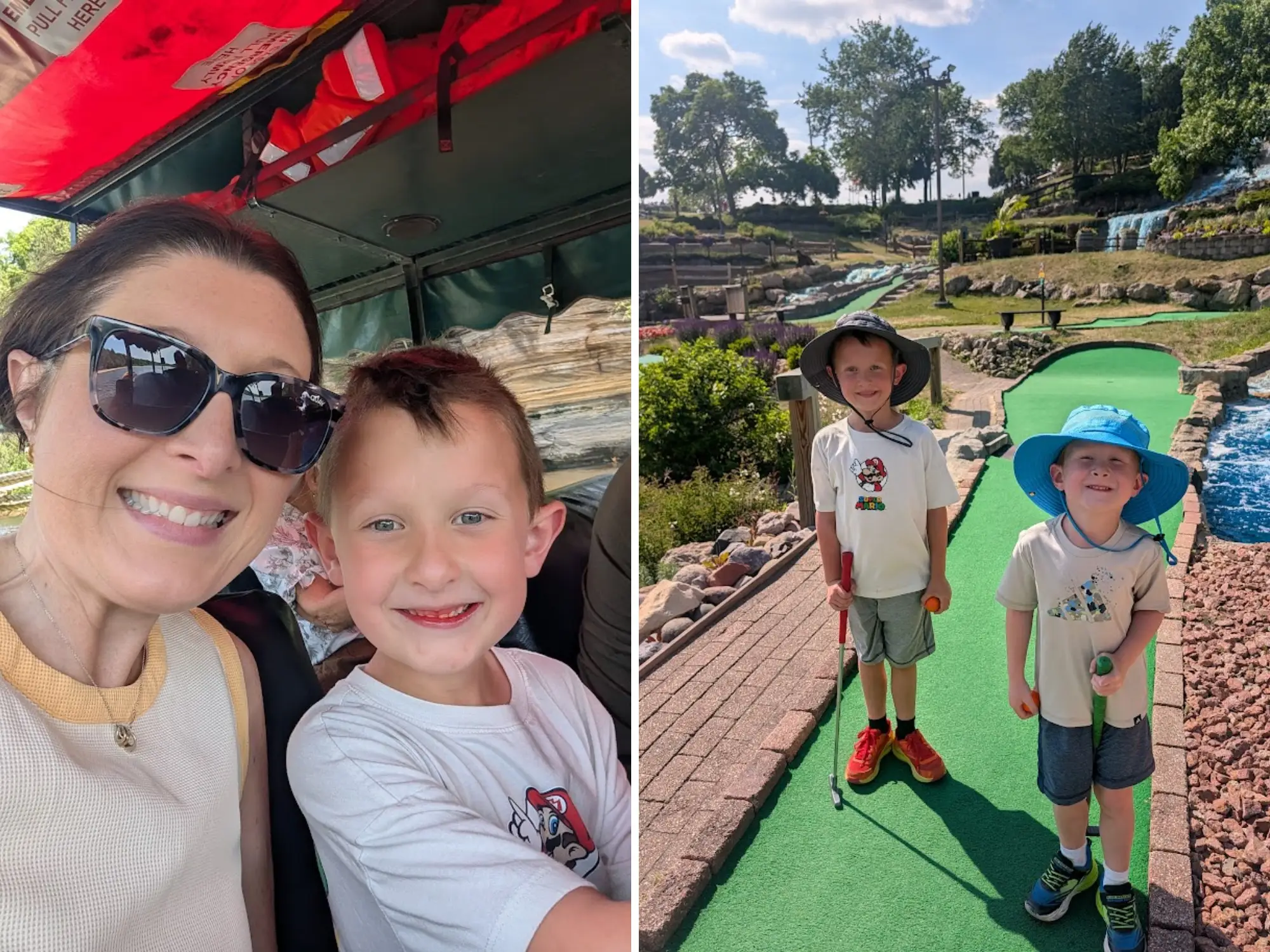 Composite of photo of woman in sunglasses smiling with kid on carriage next to photo of Kids in hats on mini-golf course
