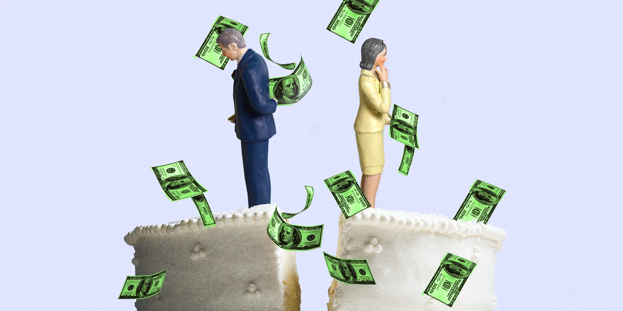 Older Wedding figurines stand back-to-back on separated white cake as U.S. dollar bills float around them.