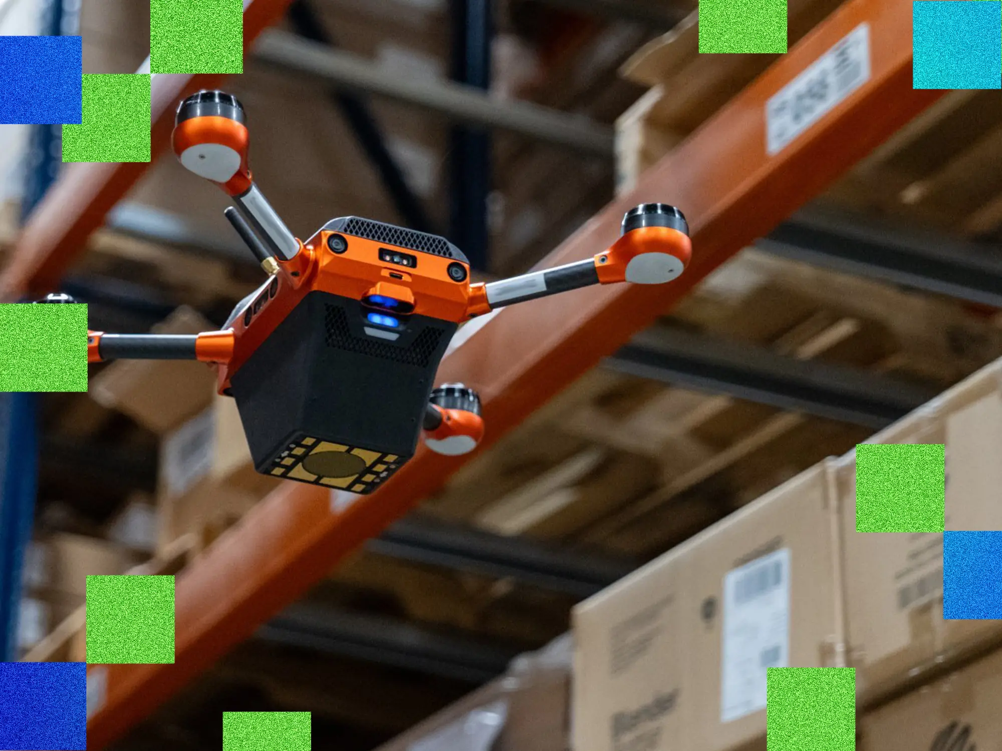 Warehouse drone checking inventory.