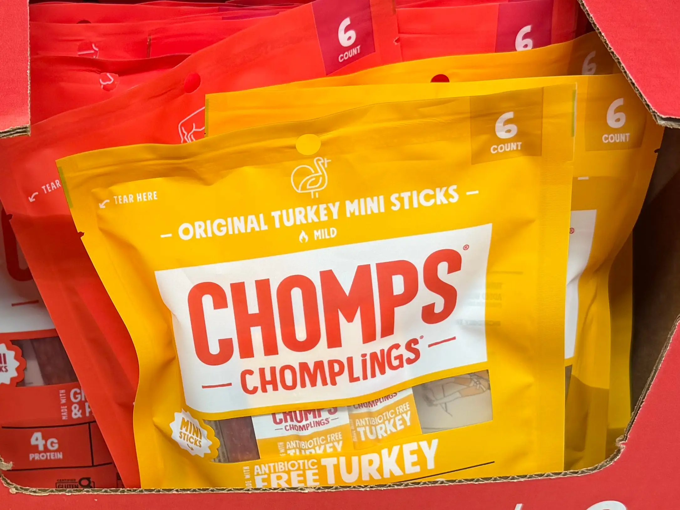 Packages of Chomps meat sticks on display at Aldi.