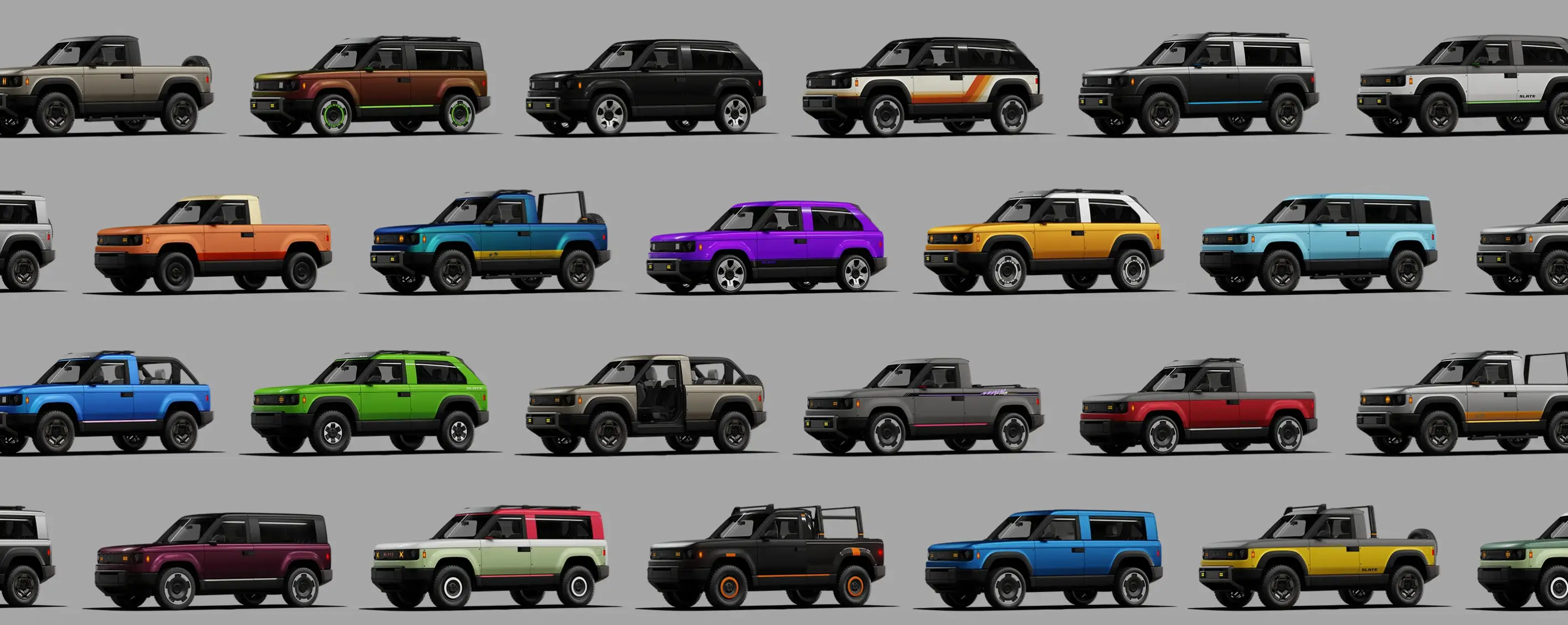 A series of pre-configured Slate trucks.