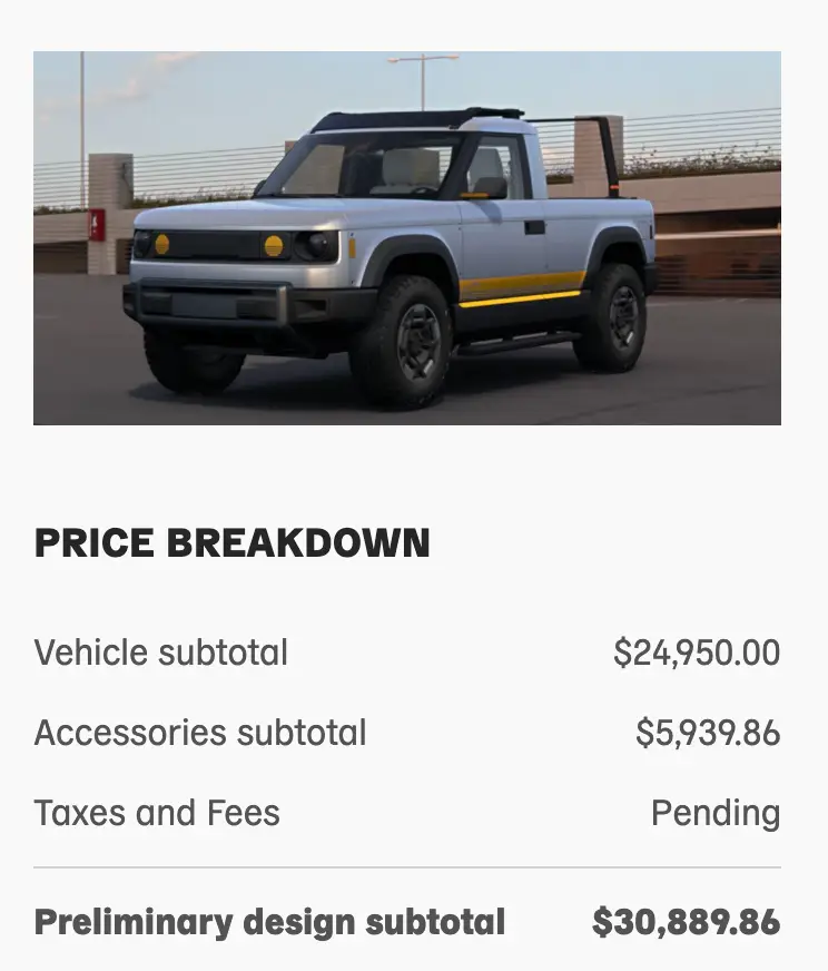 A Slate pre-packaged truck with 24 add-ons. The car shows a final price of $30,889.86, before taxes.