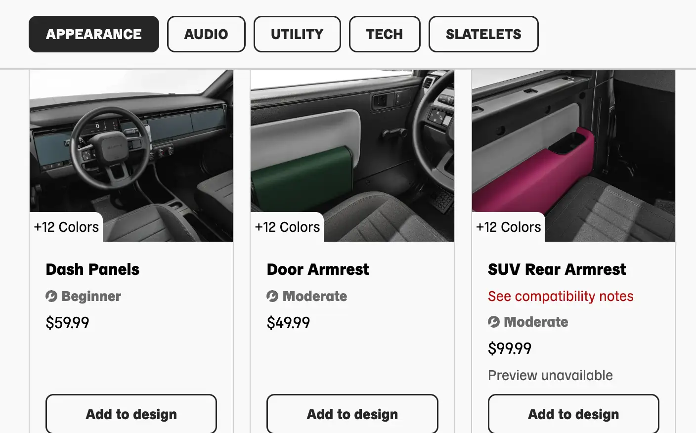 Slate's webpage shows interior options, like a $49.99 door armrest.