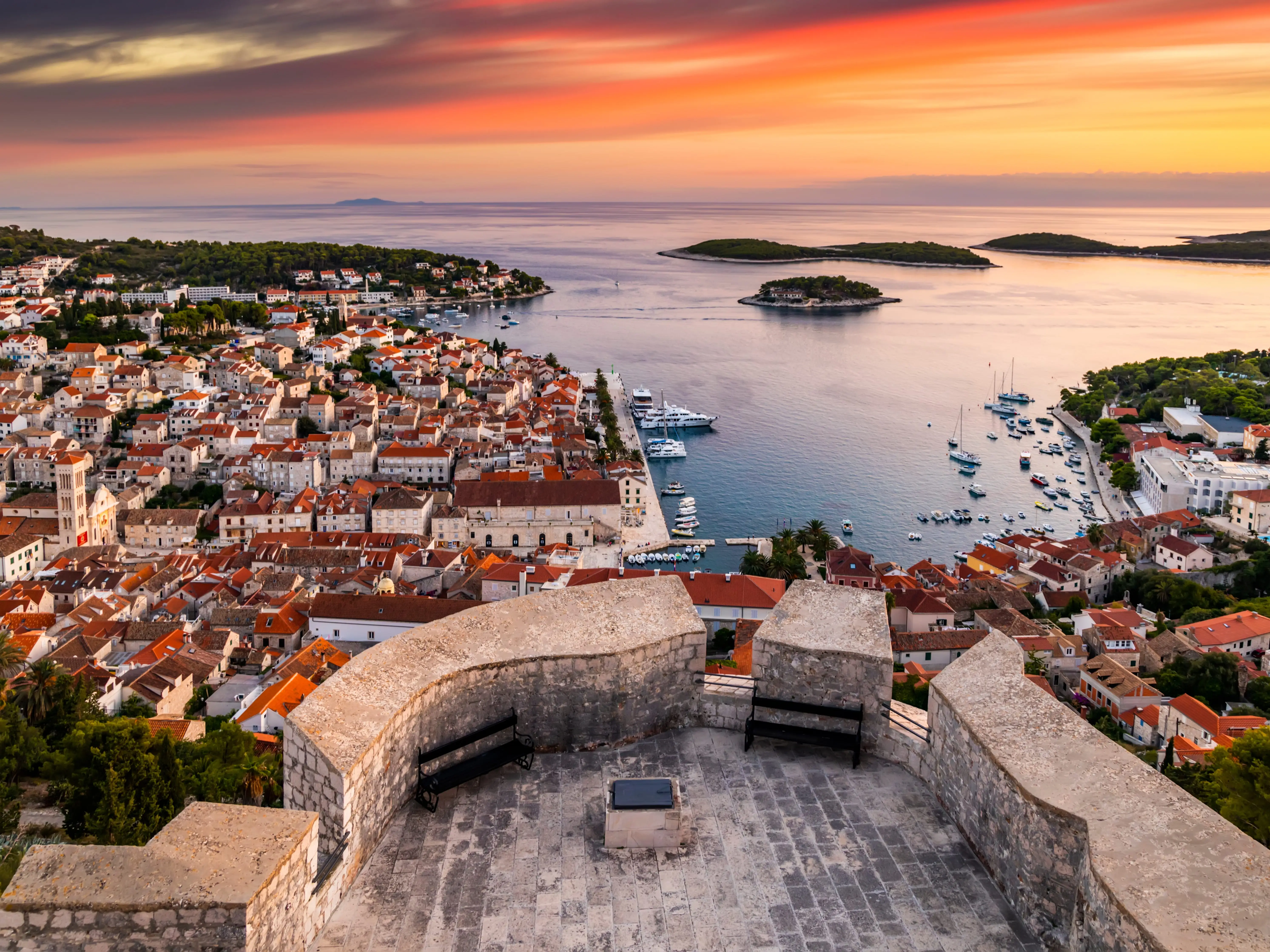 A shot of Hvar, Croatia, at sunset in the summer.
